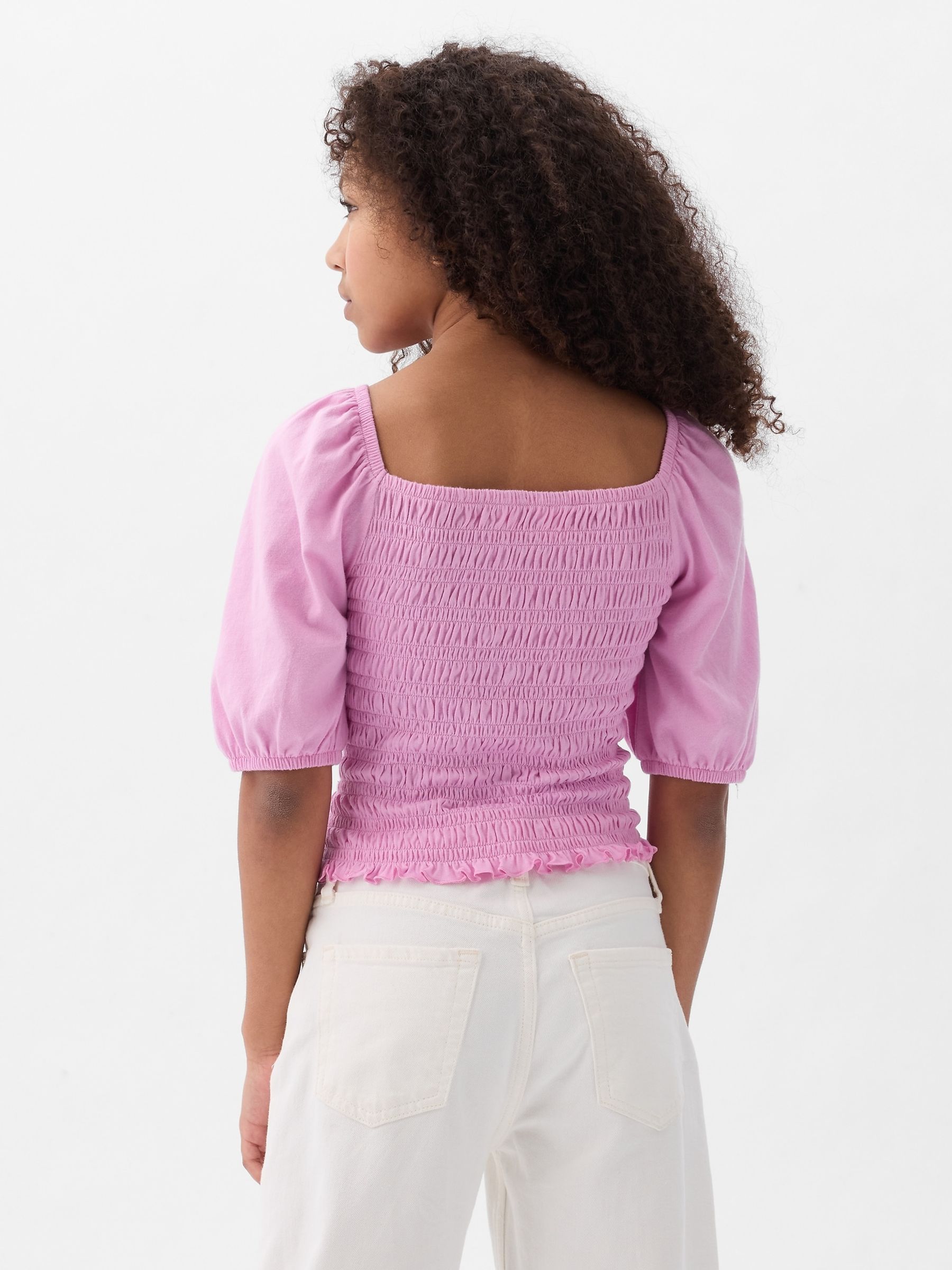 Pink Puff Sleeve Square Neck Smocked Top (4yrs-13yrs) - Image 2 of 3