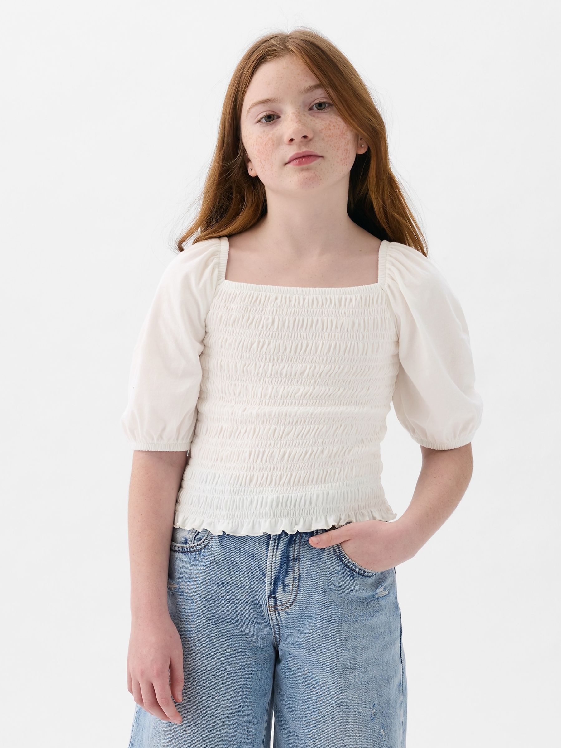 White Puff Sleeve Square Neck Smocked Top (4yrs-13yrs) - Image 1 of 1