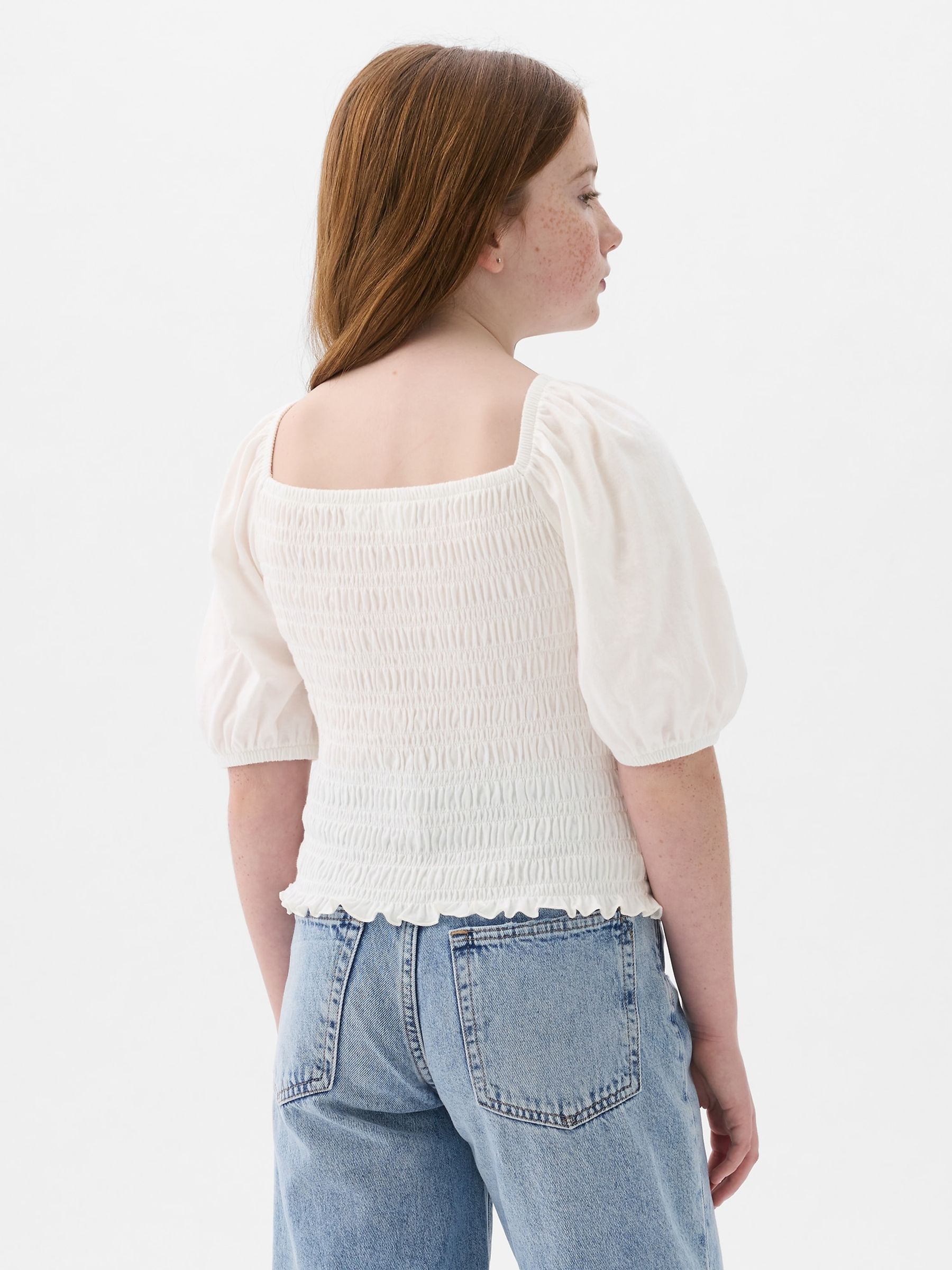 White Puff Sleeve Square Neck Smocked Top (4yrs-13yrs) - Image 2 of 3
