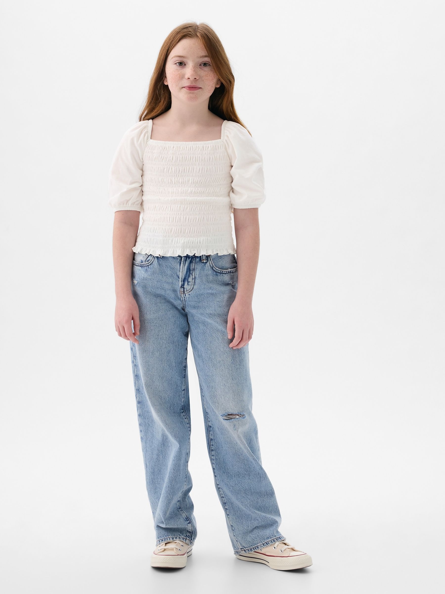 White Puff Sleeve Square Neck Smocked Top (4yrs-13yrs) - Image 3 of 3