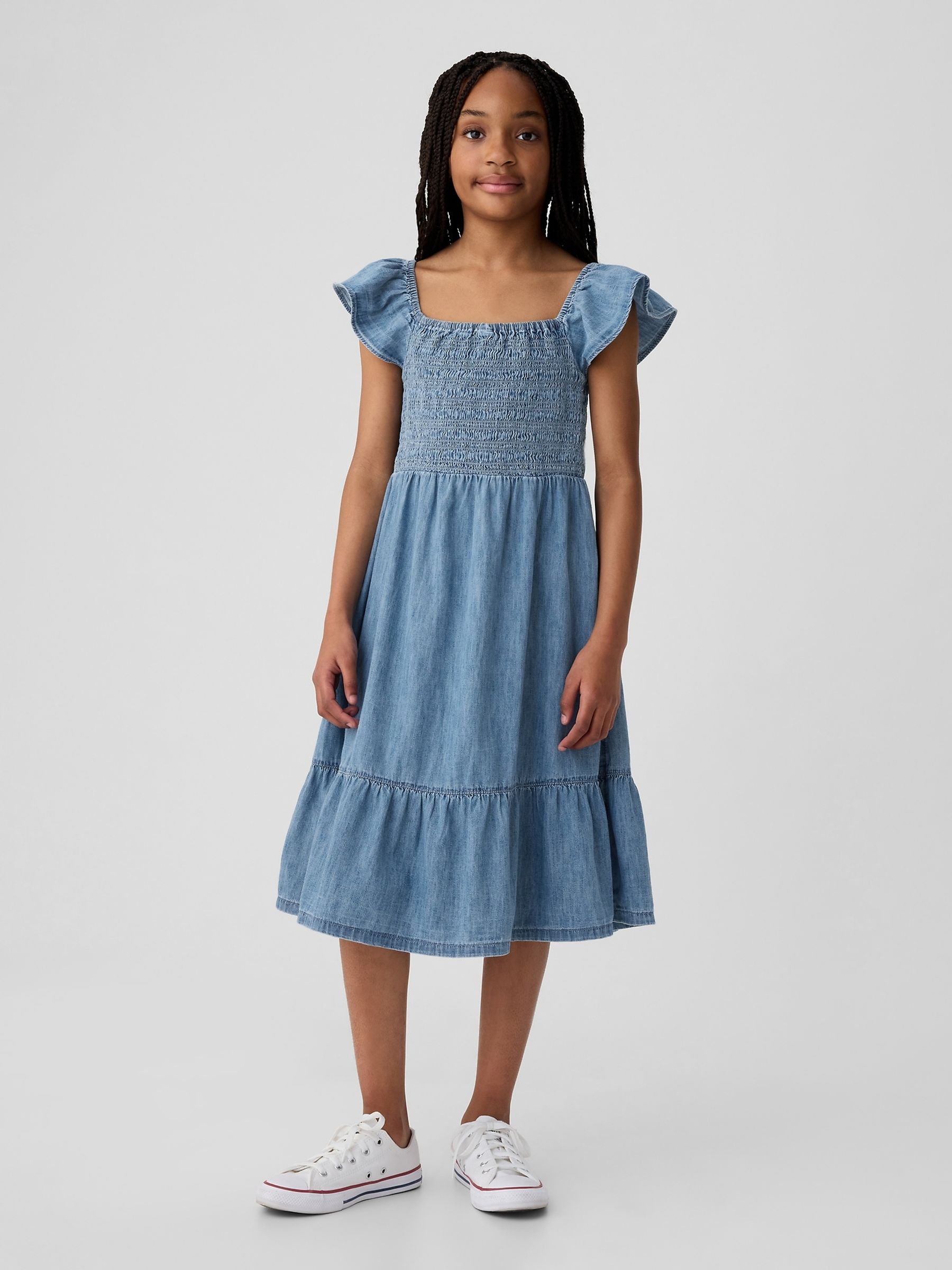 Medium Wash Stripe Flutter Sleeve Smock Midi Dress (4-13yrs) - Image 1 of 4