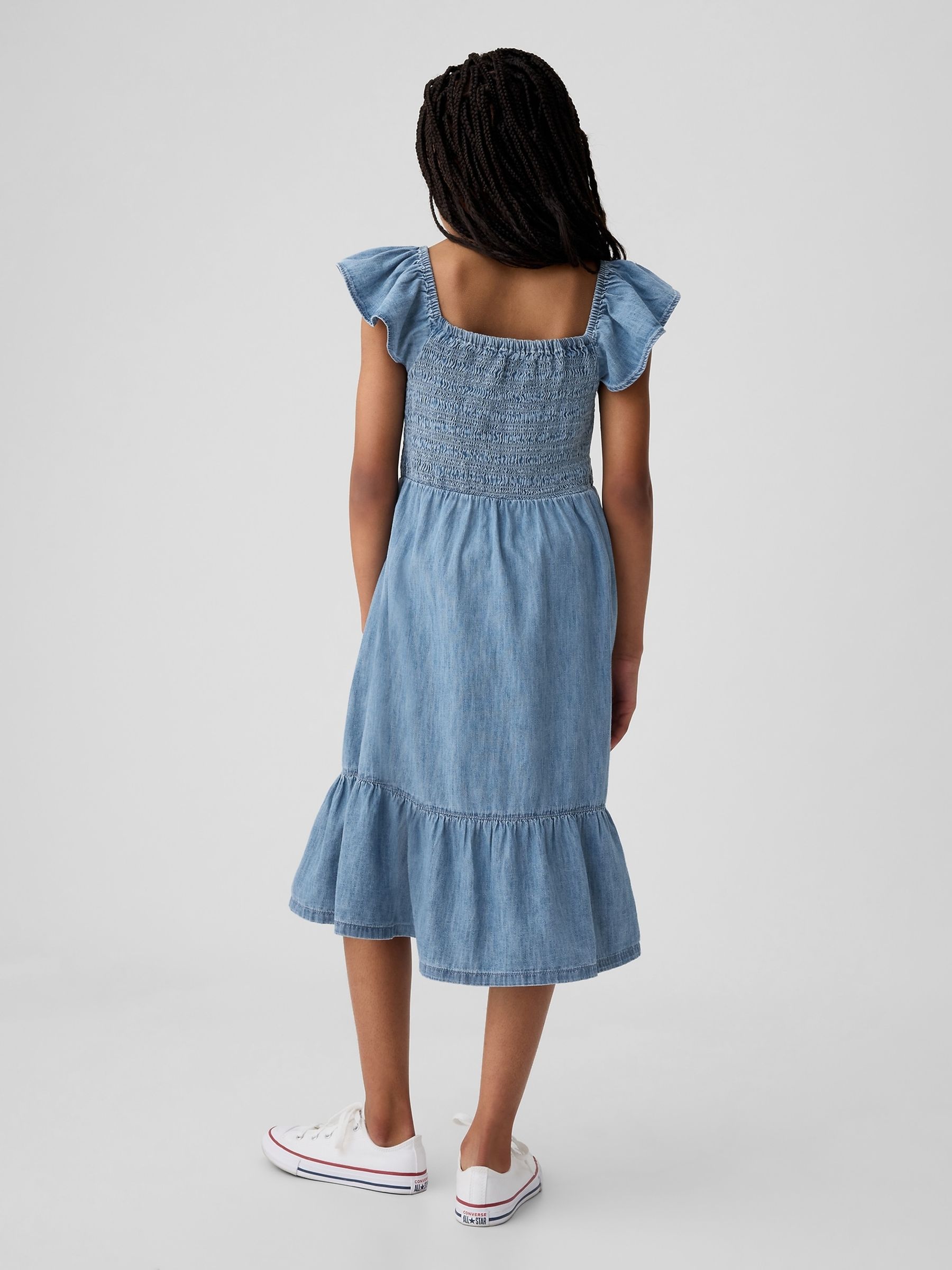 Medium Wash Stripe Flutter Sleeve Smock Midi Dress (4-13yrs) - Image 2 of 4