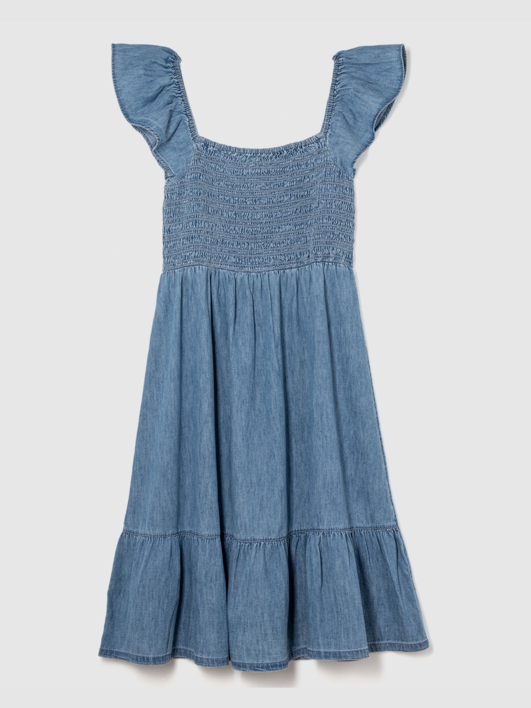Medium Wash Stripe Flutter Sleeve Smock Midi Dress (4-13yrs) - Image 4 of 4