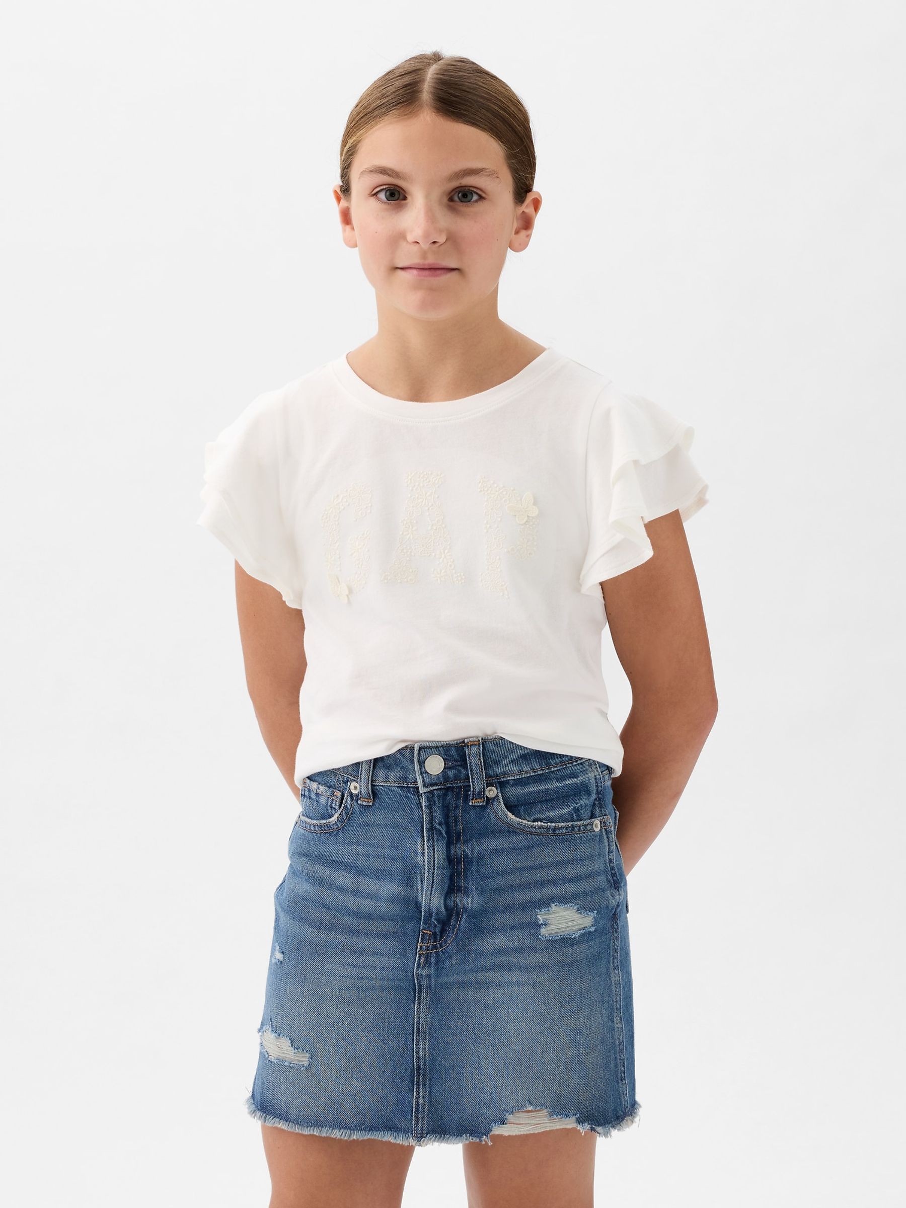 White Embroidered Logo Short Flutter Sleeve Crew Neck T-Shirt (4-13yrs) - Image 1 of 3