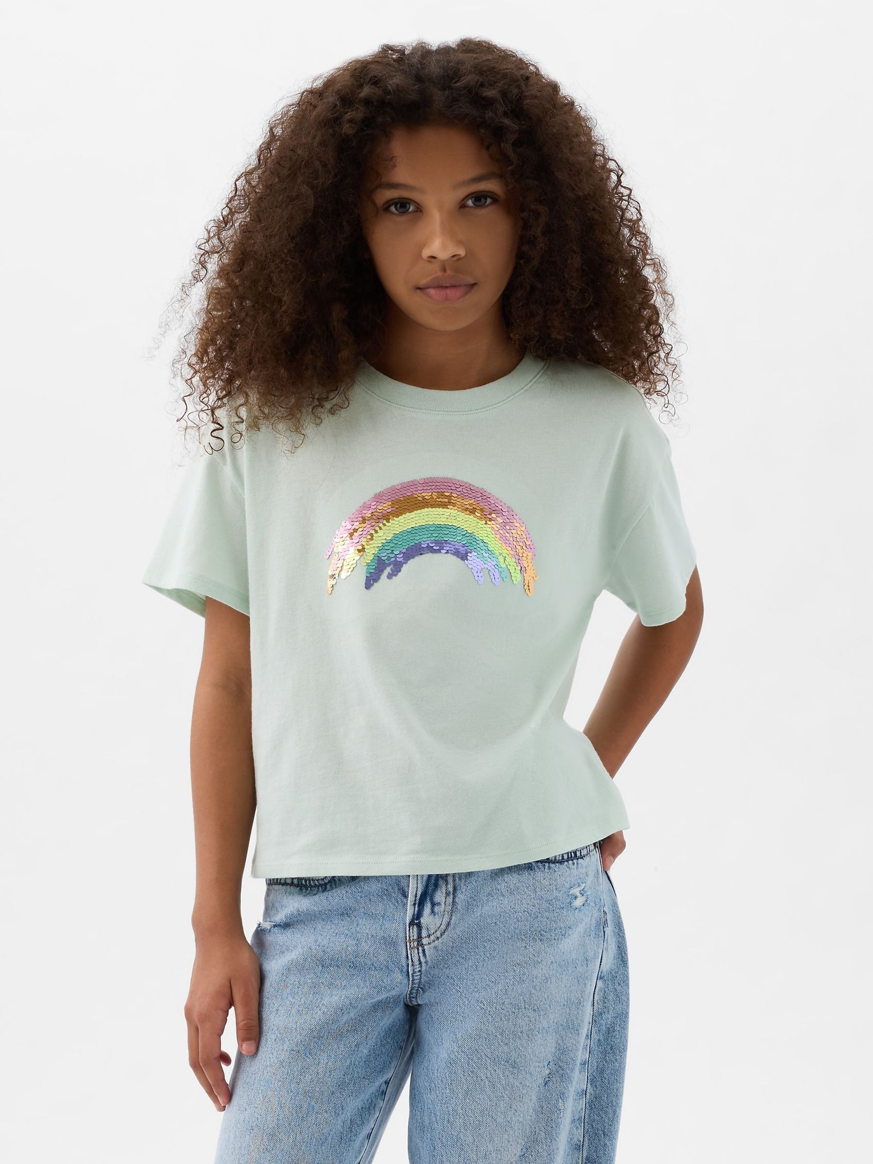Green Sequin Graphic Short Sleeve Crew Neck T-Shirt (4-13yrs) - Image 1 of 1