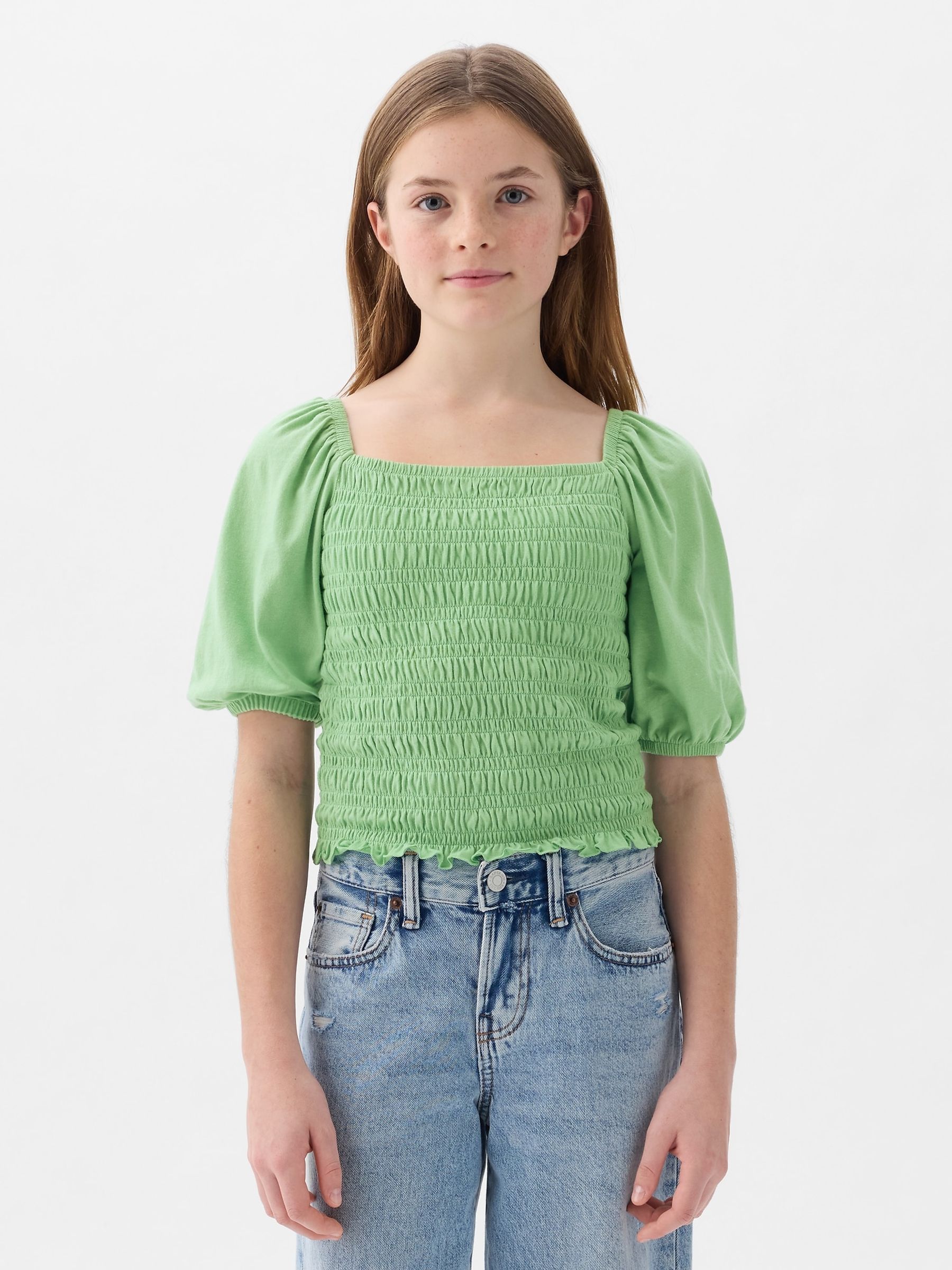 Green Puff Sleeve Square Neck Smocked Top (4yrs-13yrs) - Image 1 of 3