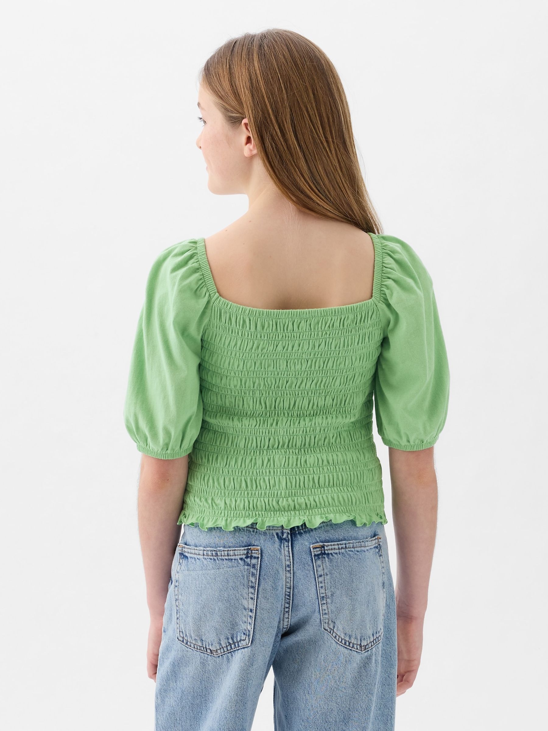 Green Puff Sleeve Square Neck Smocked Top (4yrs-13yrs) - Image 2 of 3