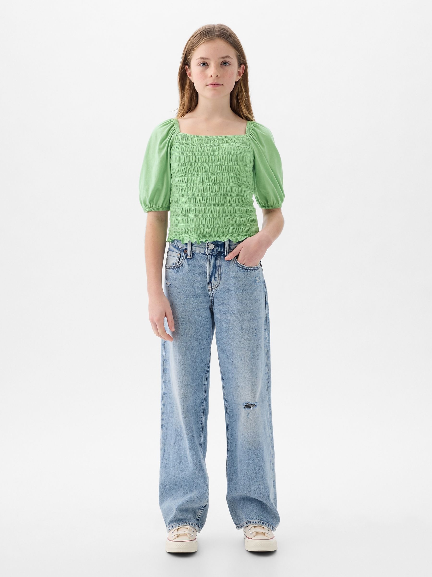 Green Puff Sleeve Square Neck Smocked Top (4yrs-13yrs) - Image 3 of 3