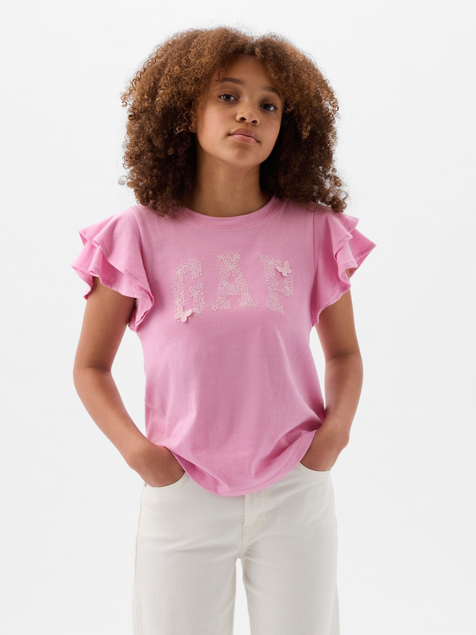 Pink Embroidered Logo Short Flutter Sleeve Crew Neck T-Shirt (4-13yrs) - Image 1 of 4