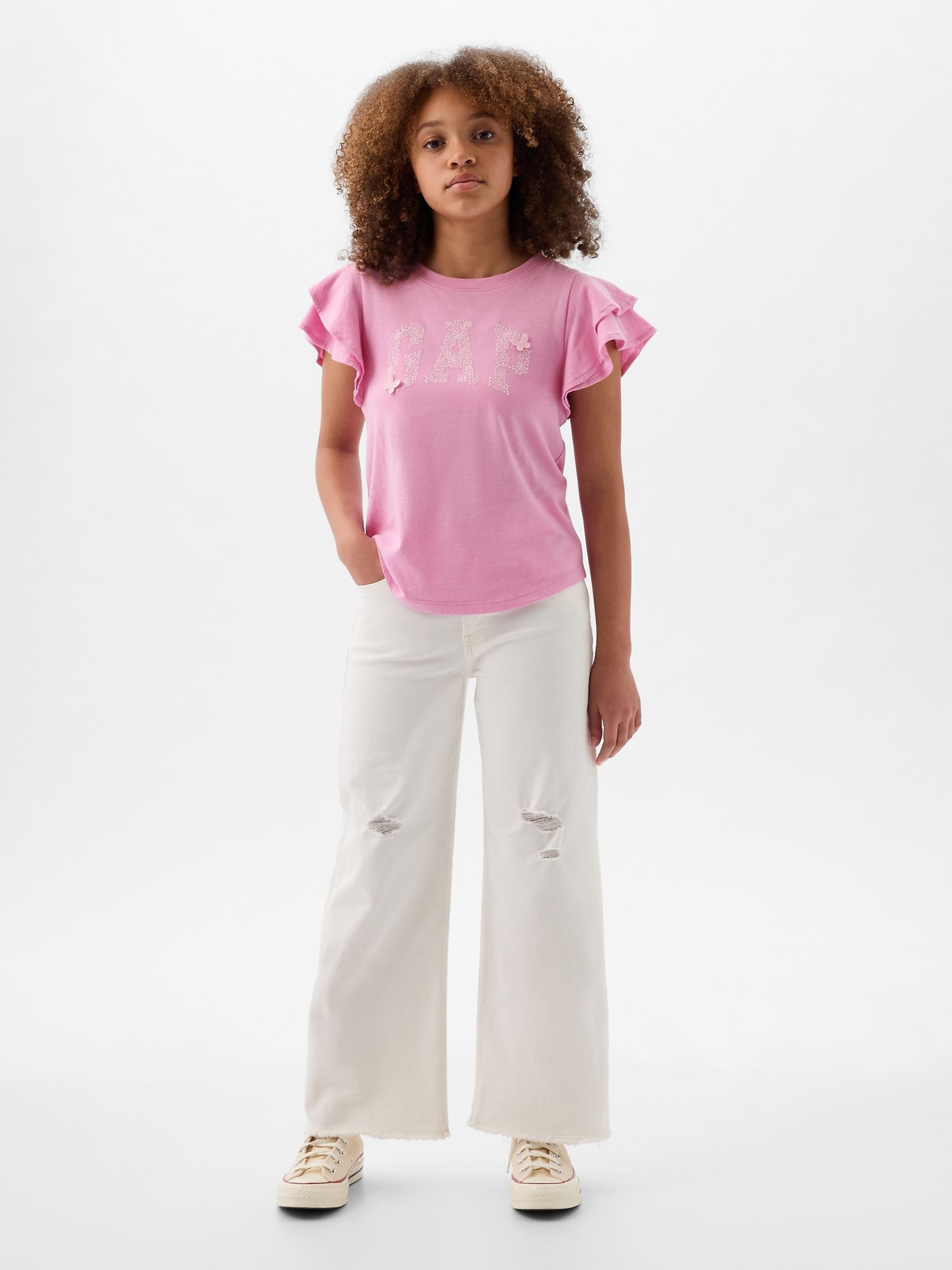 Pink Embroidered Logo Short Flutter Sleeve Crew Neck T-Shirt (4-13yrs) - Image 3 of 4