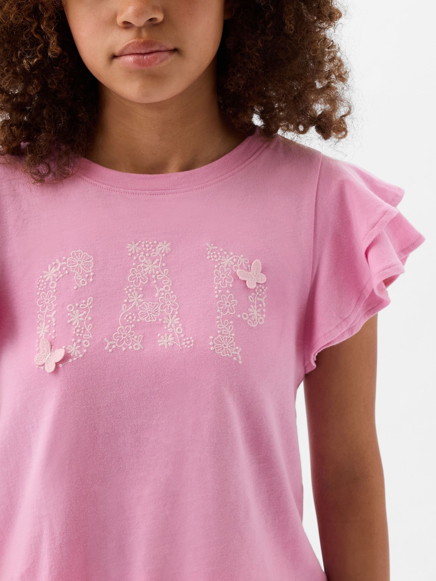 Pink Embroidered Logo Short Flutter Sleeve Crew Neck T-Shirt (4-13yrs) - Image 4 of 4