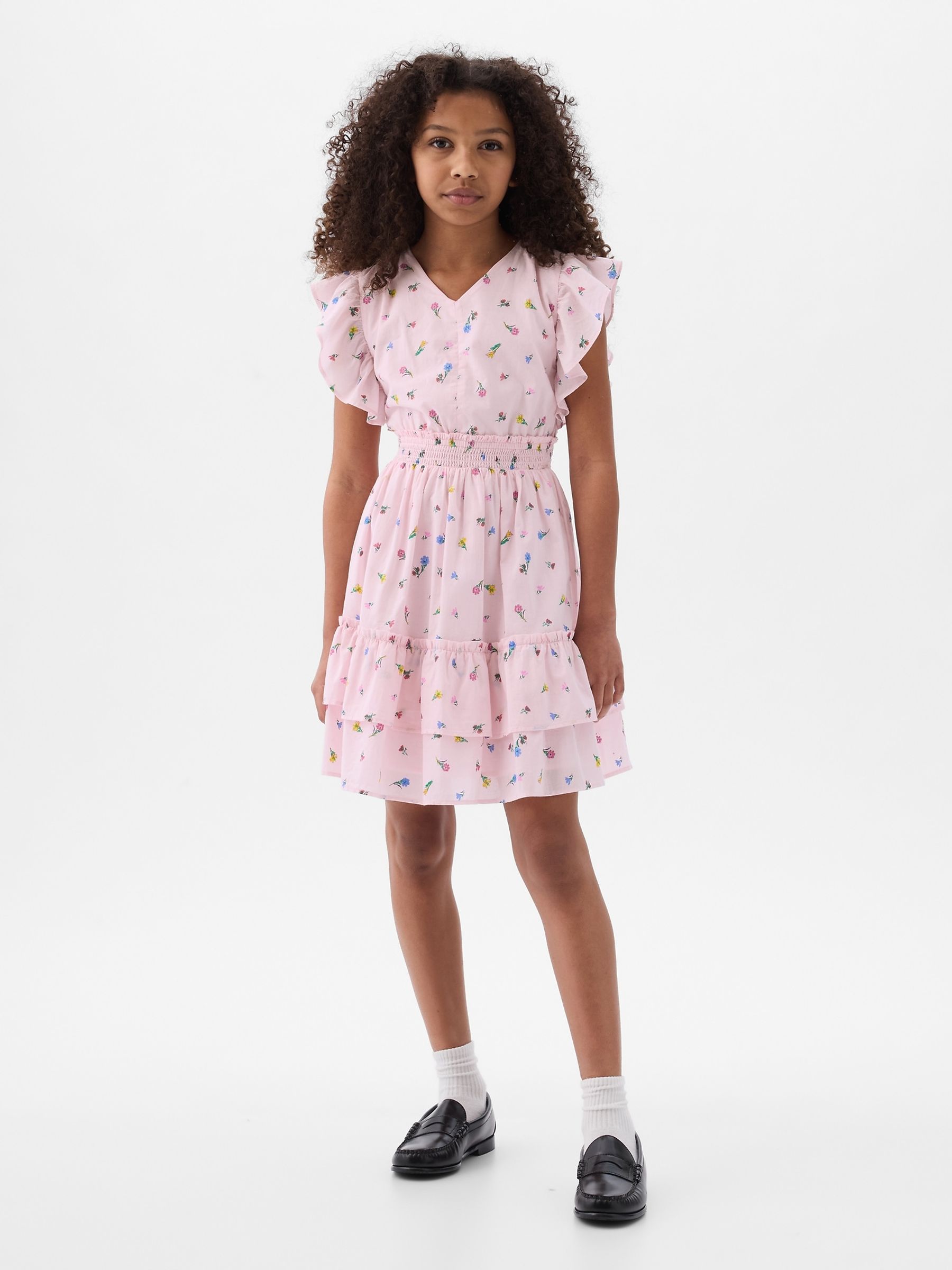 Pink Floral Flutter Sleeve Dress (4-13yrs) - Image 1 of 2 Pink Floral Flutter Sleeve Dress (4-13yrs) - Image 1 of 2