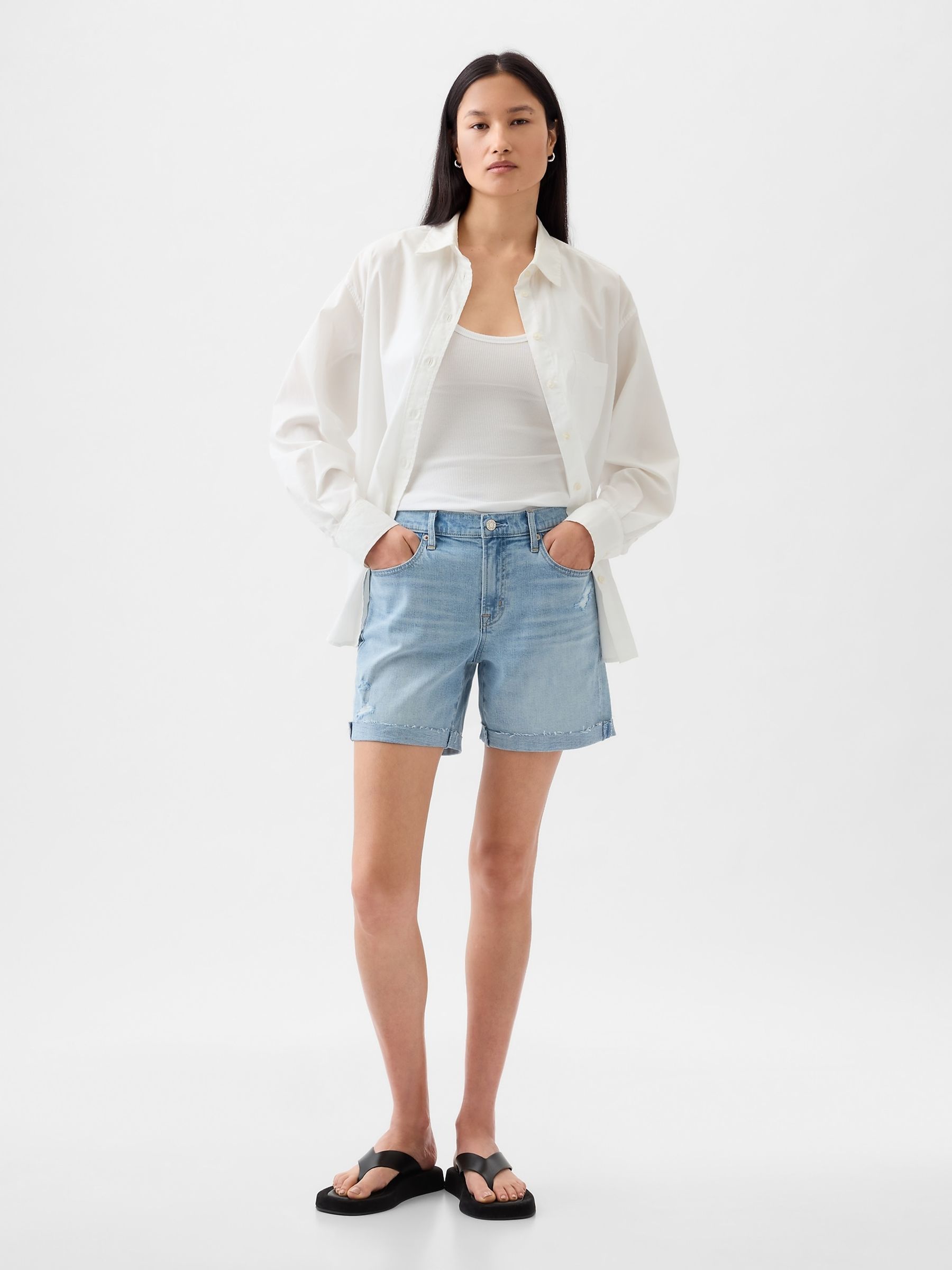 Blue Light Destructed Denim Mid Rise Girlfriend Shorts - Image 1 of 6