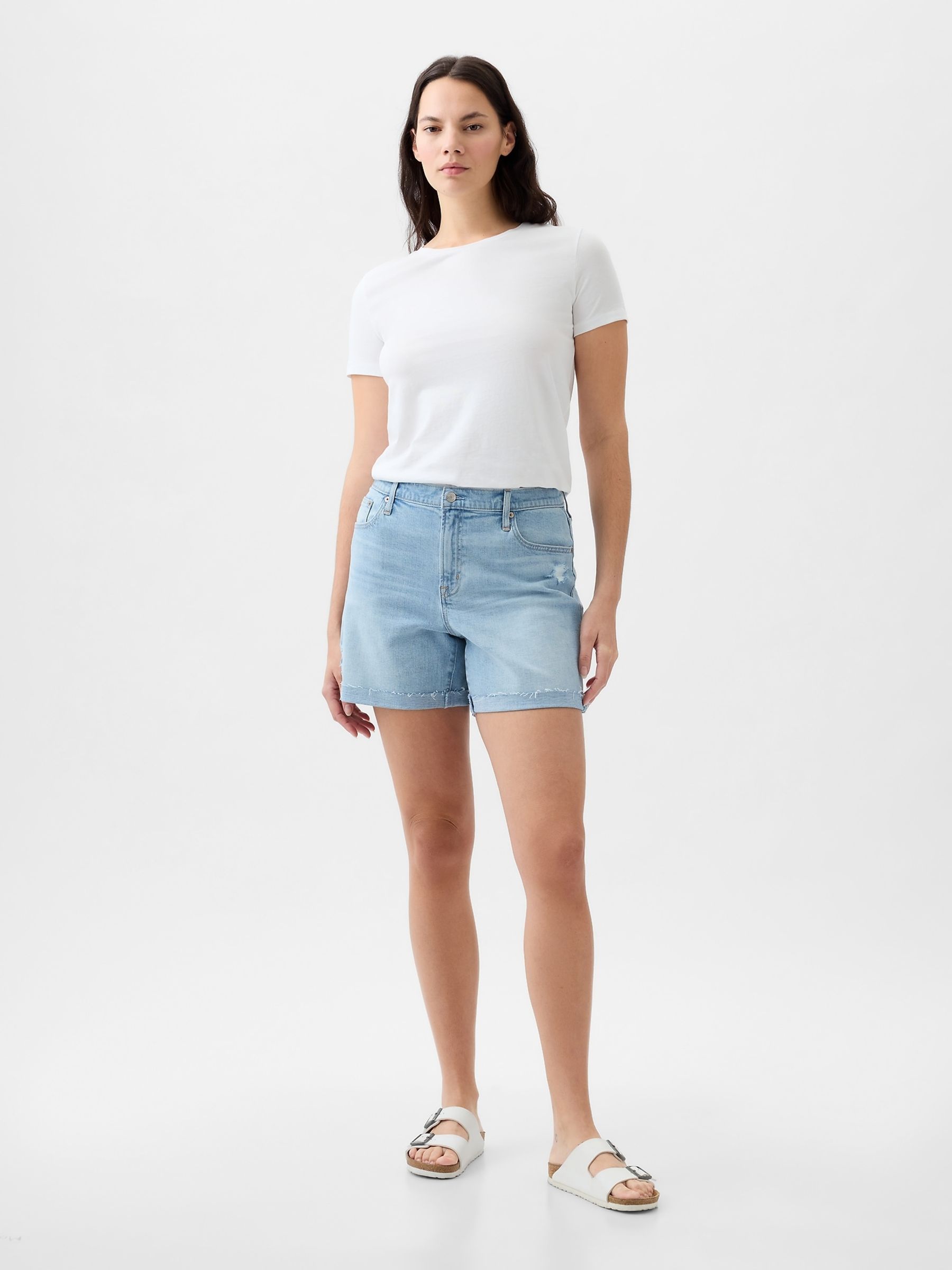 Blue Light Destructed Denim Mid Rise Girlfriend Shorts - Image 3 of 6