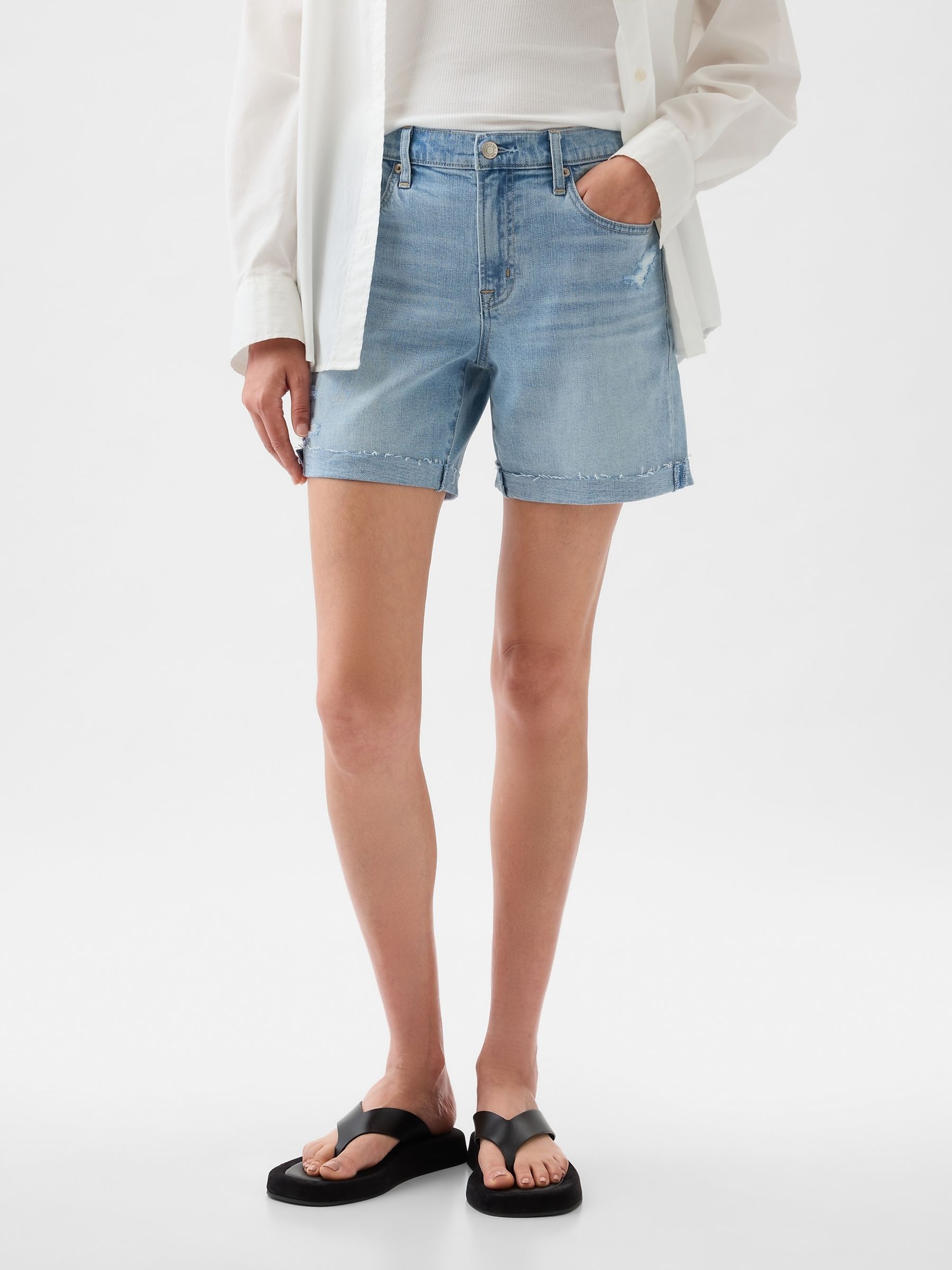 Blue Light Destructed Denim Mid Rise Girlfriend Shorts - Image 4 of 6