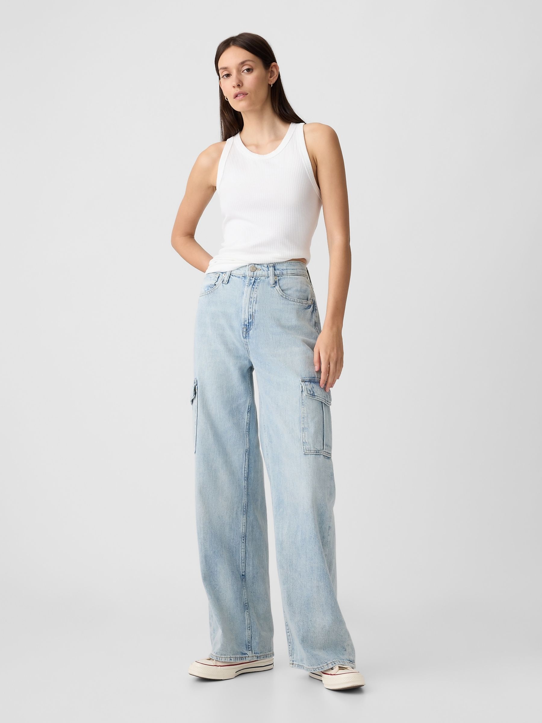 Light Blue Wide Leg High Waisted Cargo Jeans - Image 1 of 6