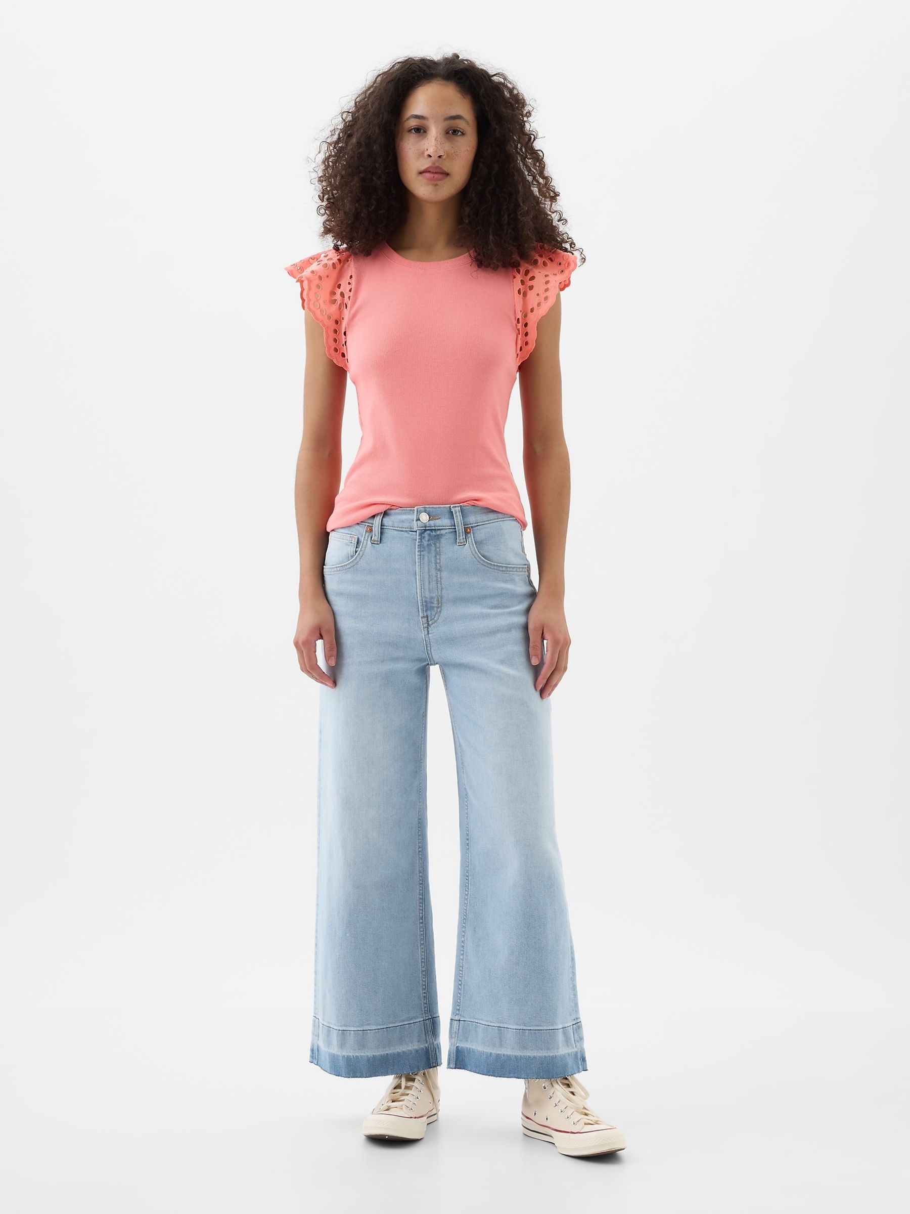 Light Blue High Waisted Raw Hem Wide Leg Jeans - Image 3 of 6