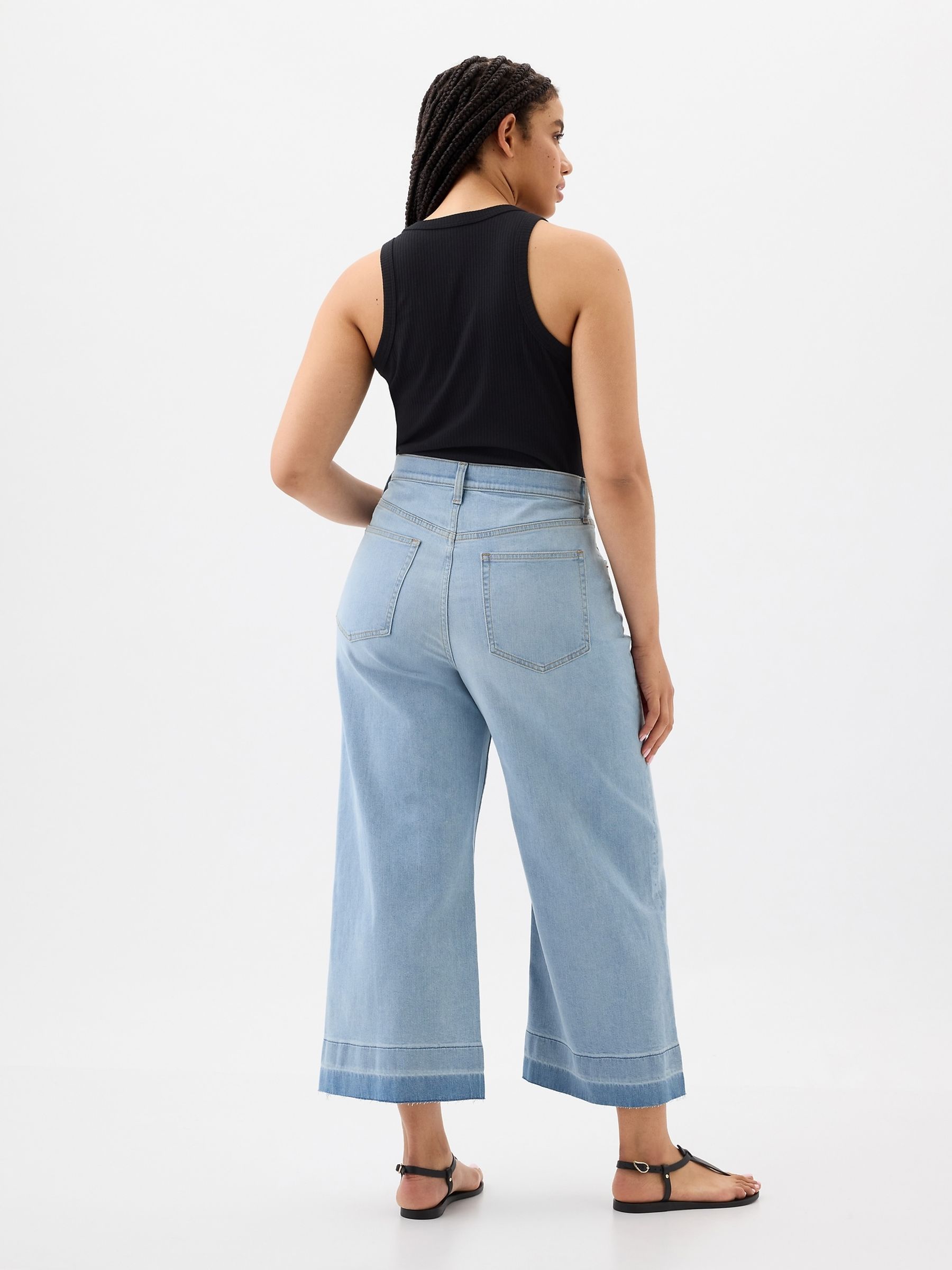 Light Blue High Waisted Raw Hem Wide Leg Jeans - Image 5 of 6