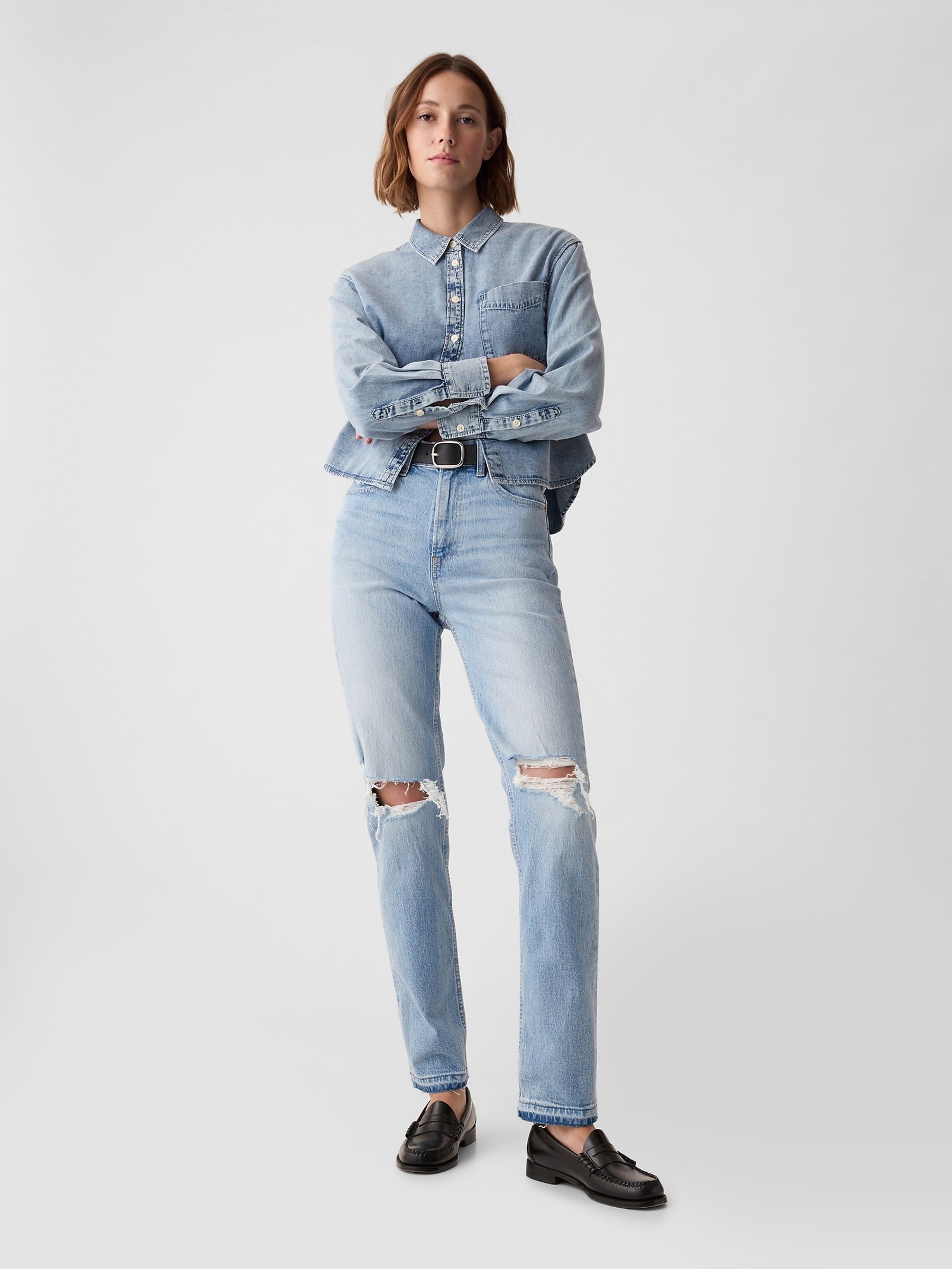 Light Blue High Waisted Cheeky Straight Leg Ripped Jeans - Image 5 of 11