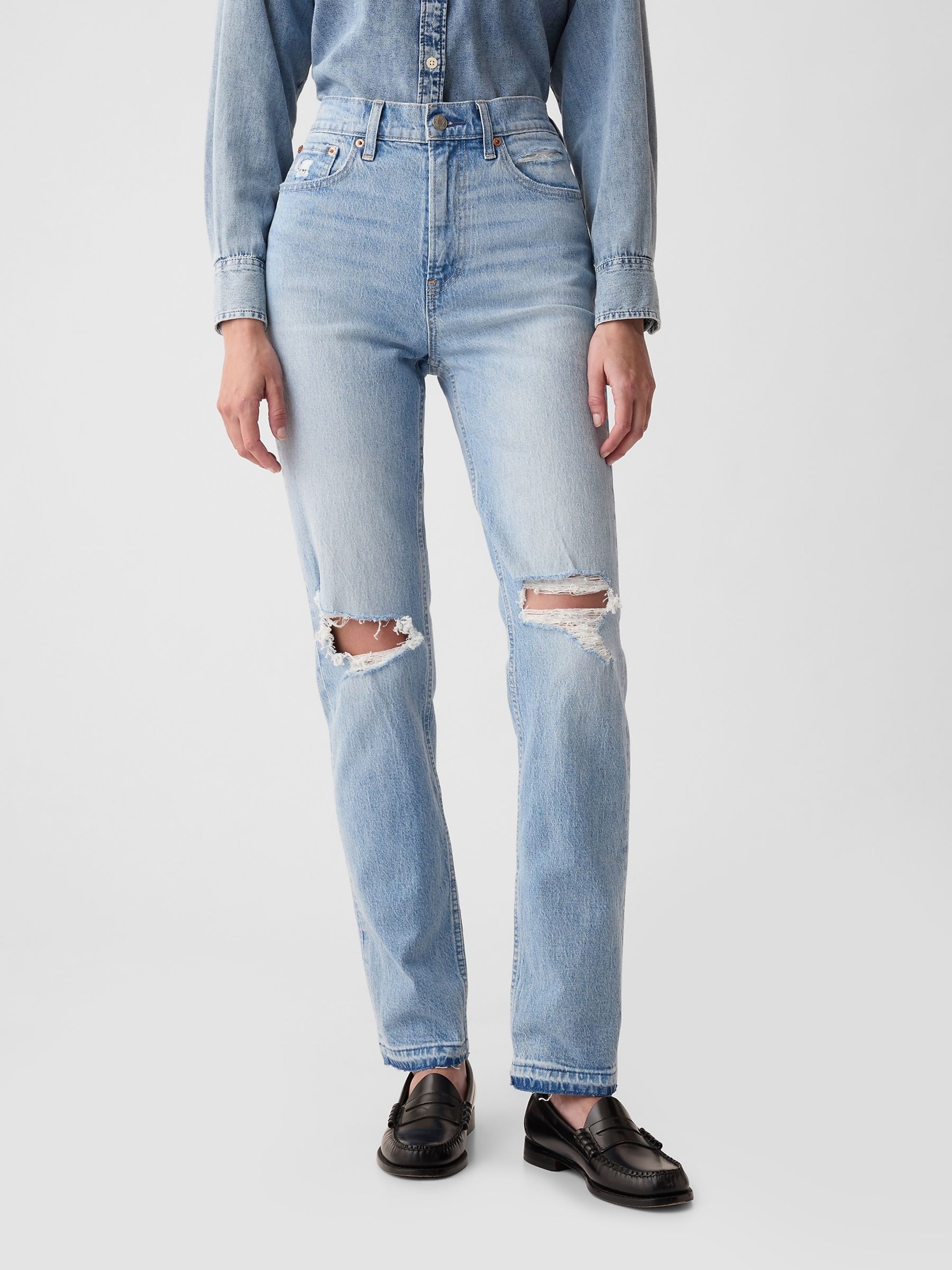 Light Blue High Waisted Cheeky Straight Leg Ripped Jeans - Image 6 of 11