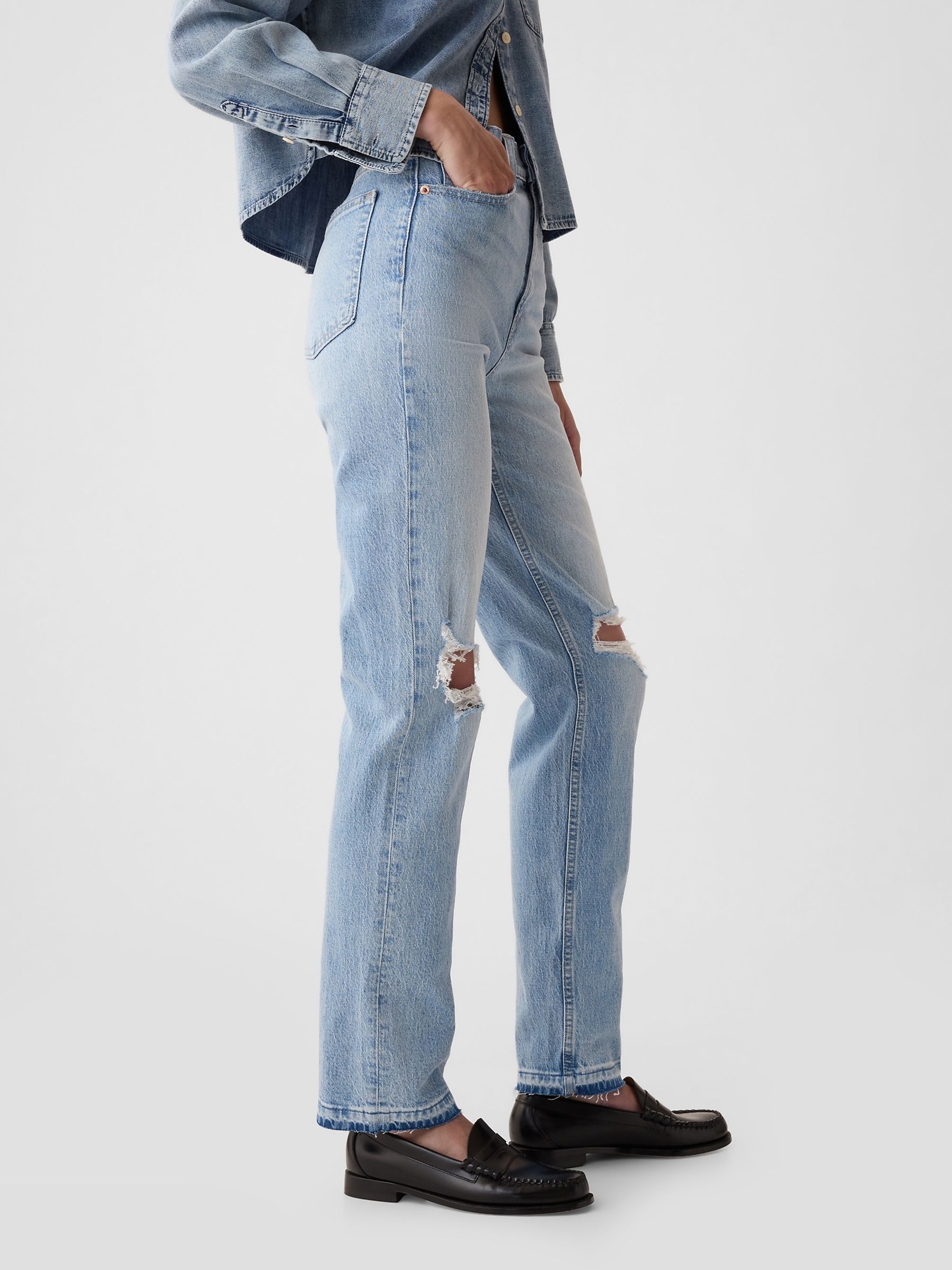 Light Blue High Waisted Cheeky Straight Leg Ripped Jeans - Image 7 of 11