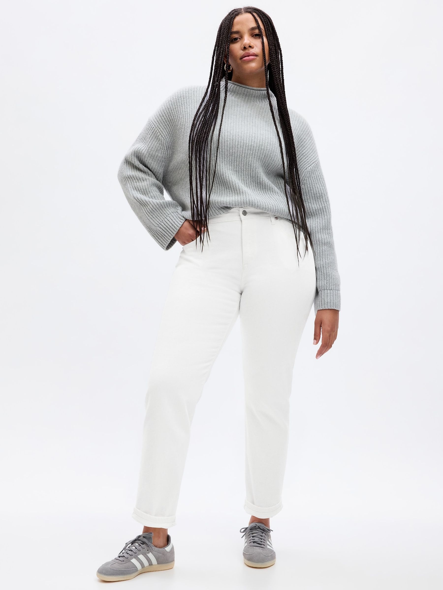 White Mid Rise Ankle Length Girlfriend Jeans - Image 1 of 5