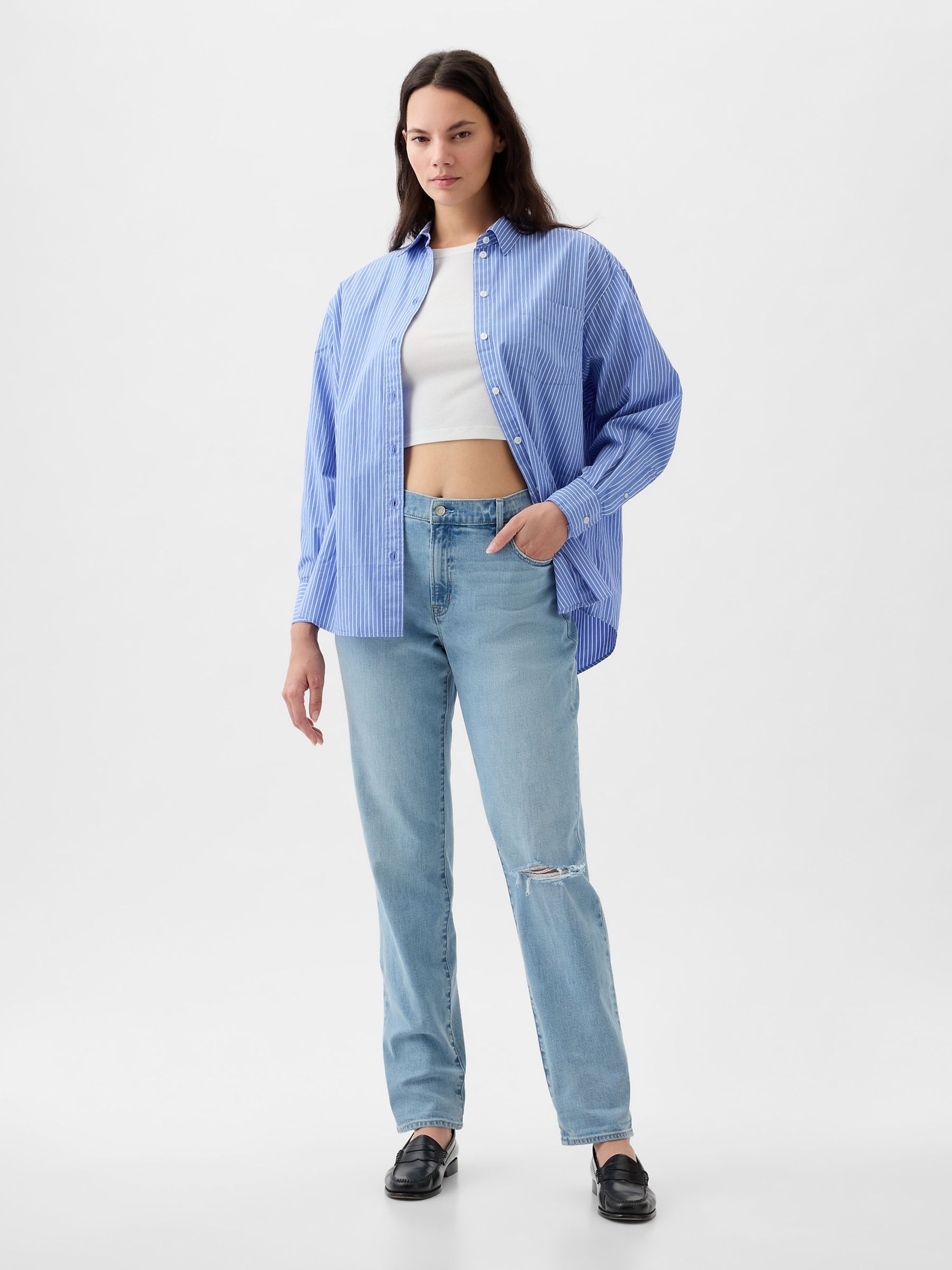 Blue Mid Rise Rip Knee Girlfriend Jeans - Image 1 of 5