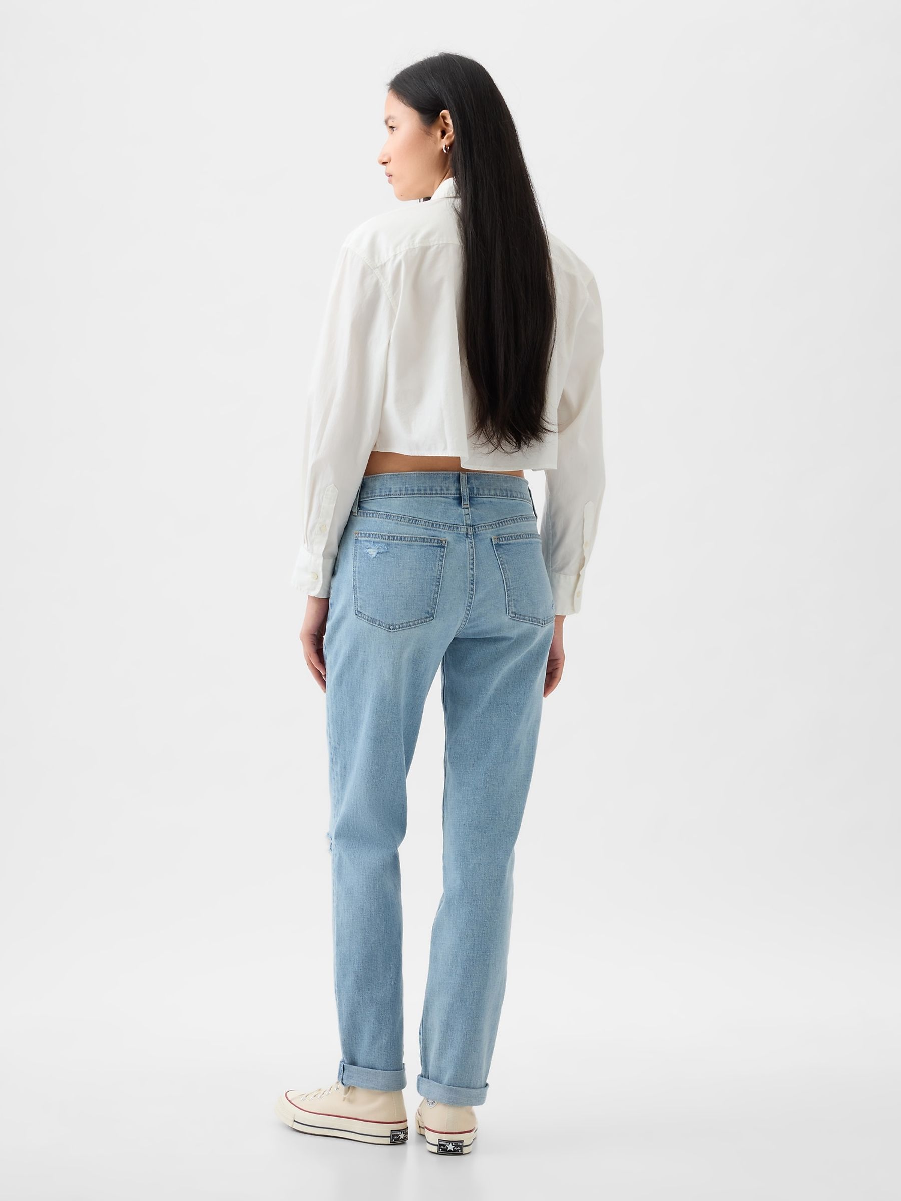 Blue Mid Rise Rip Knee Girlfriend Jeans - Image 3 of 5