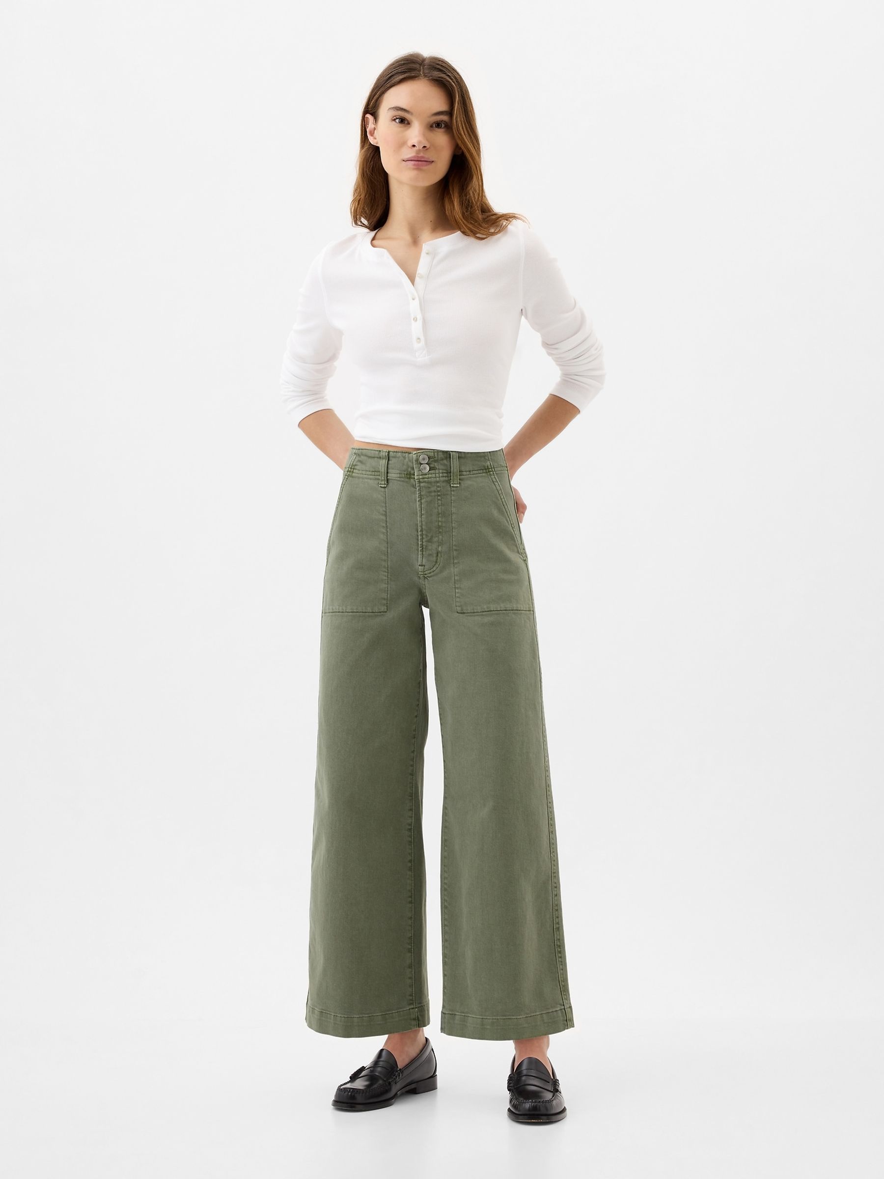 Green High Waisted Wide Leg Utility Jeans - Image 1 of 9