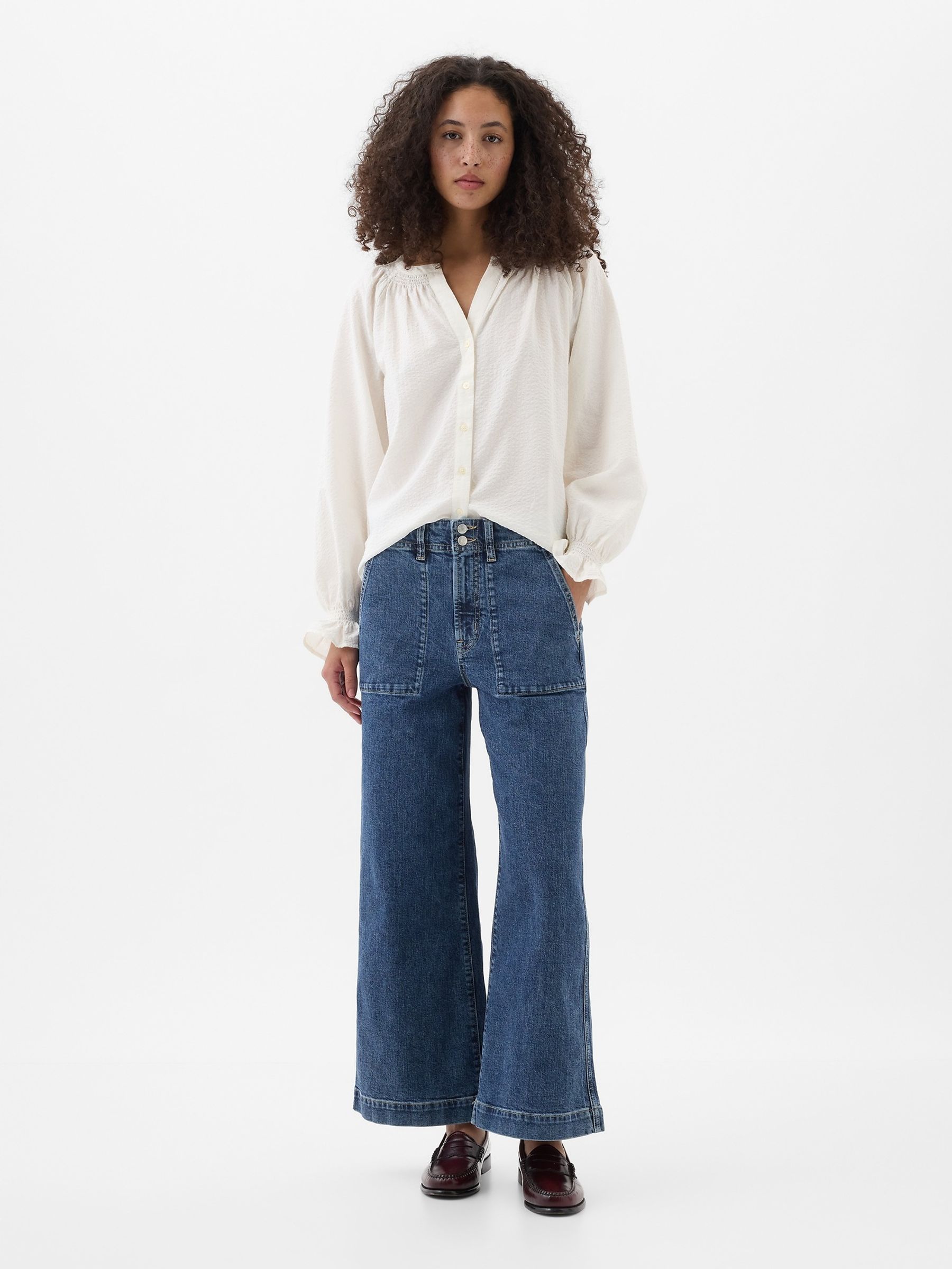 Dark Blue High Waisted Wide Leg Cropped Jeans - Image 1 of 5