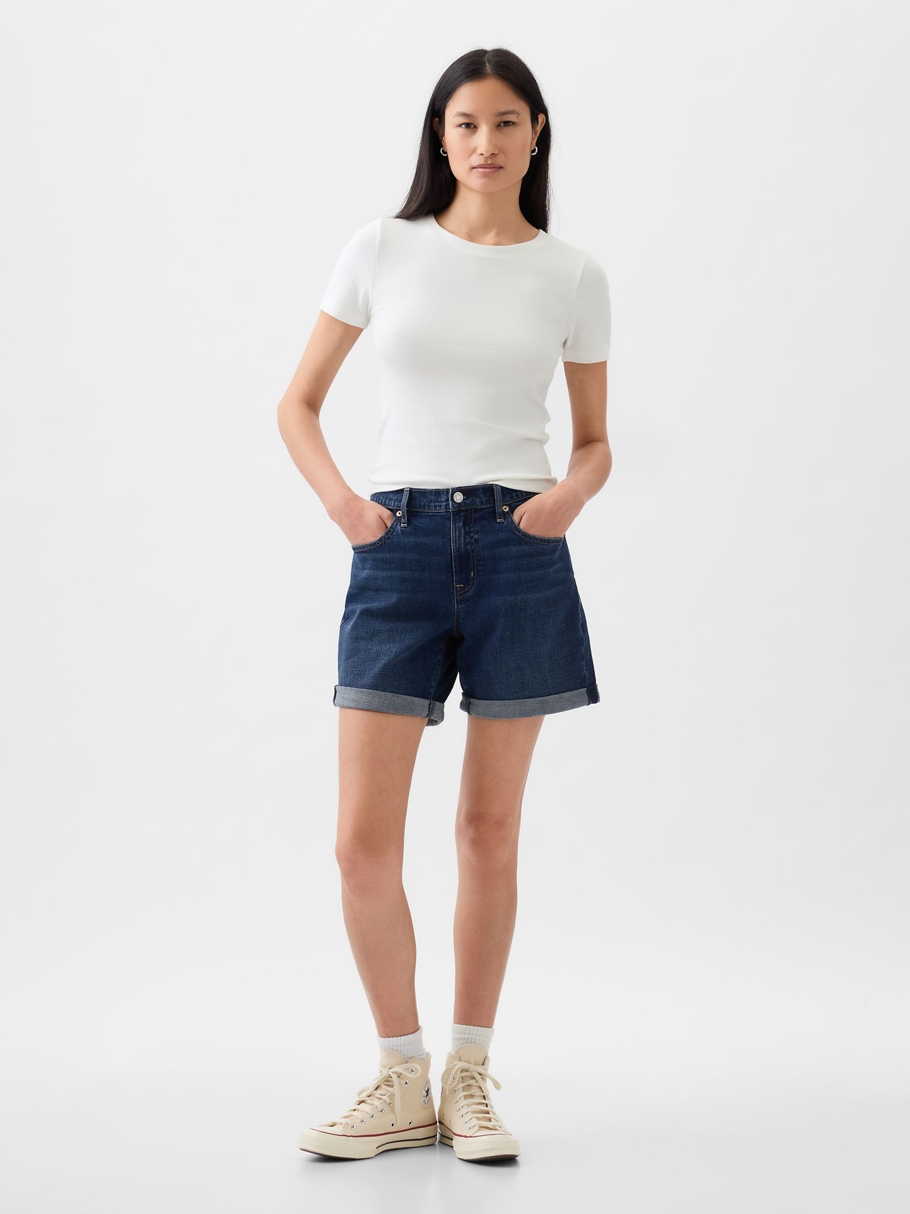 Dark Blue Light Destructed Denim Mid Rise Girlfriend Shorts - Image 1 of 5