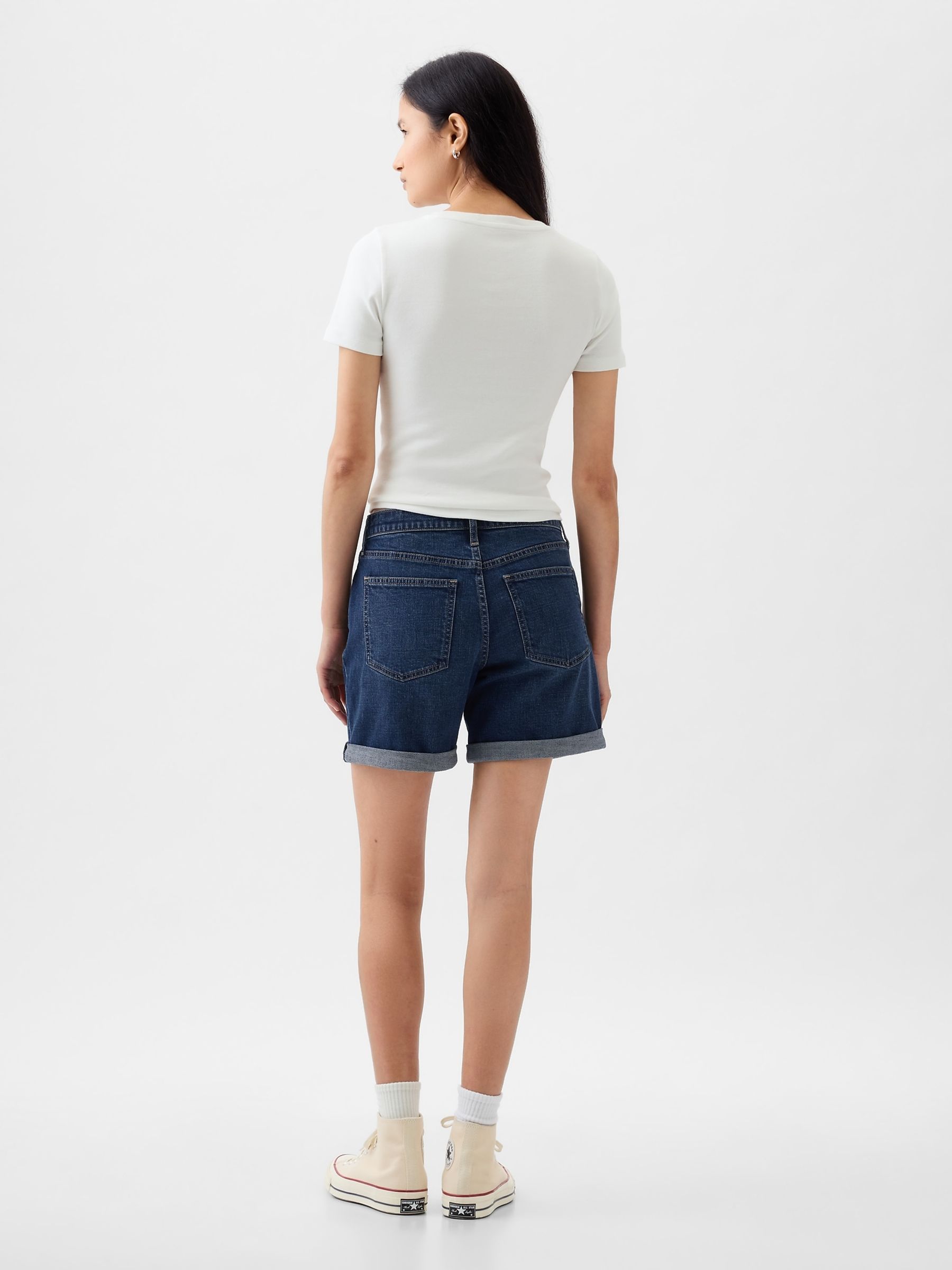 Dark Blue Light Destructed Denim Mid Rise Girlfriend Shorts - Image 2 of 5