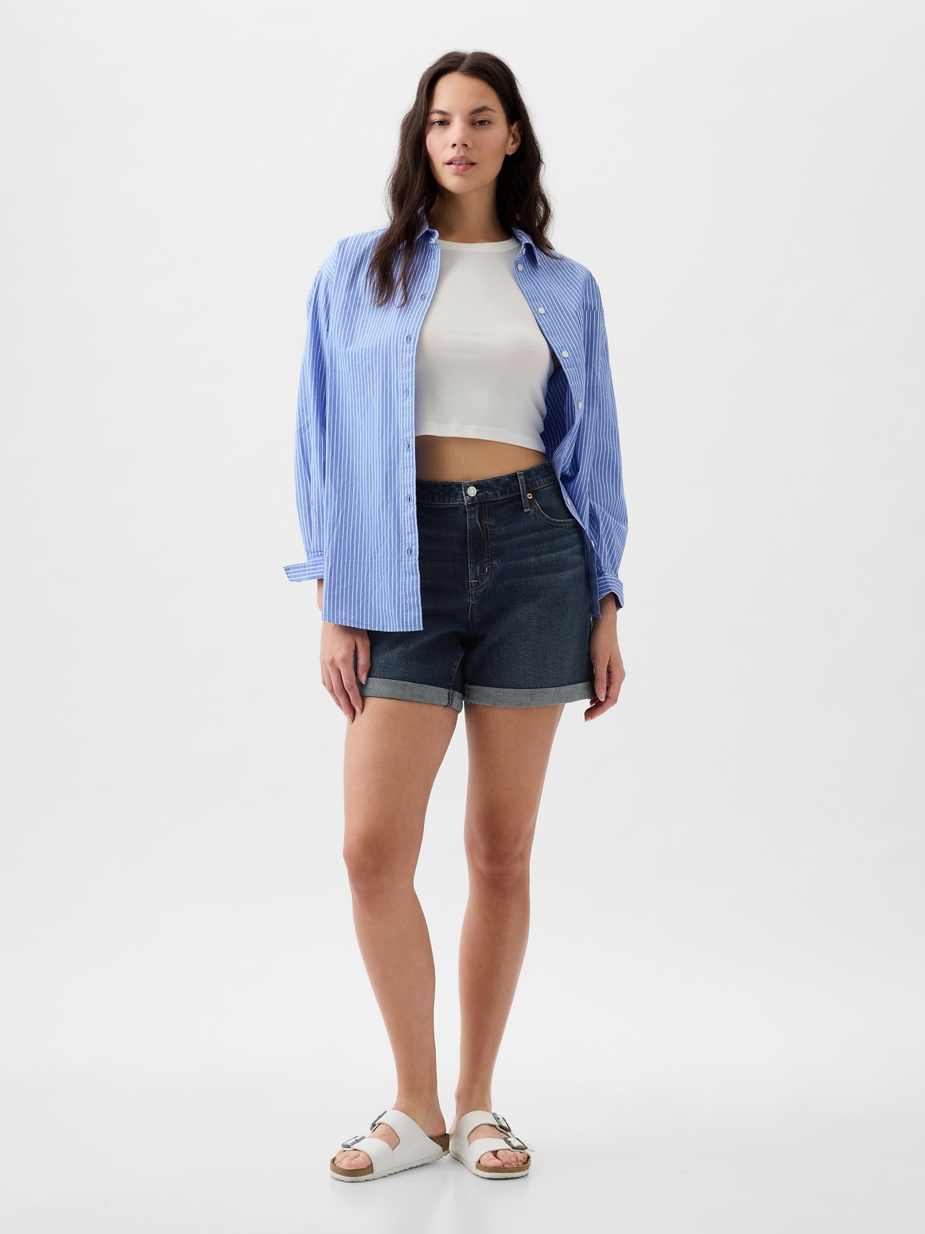 Dark Blue Light Destructed Denim Mid Rise Girlfriend Shorts - Image 3 of 5