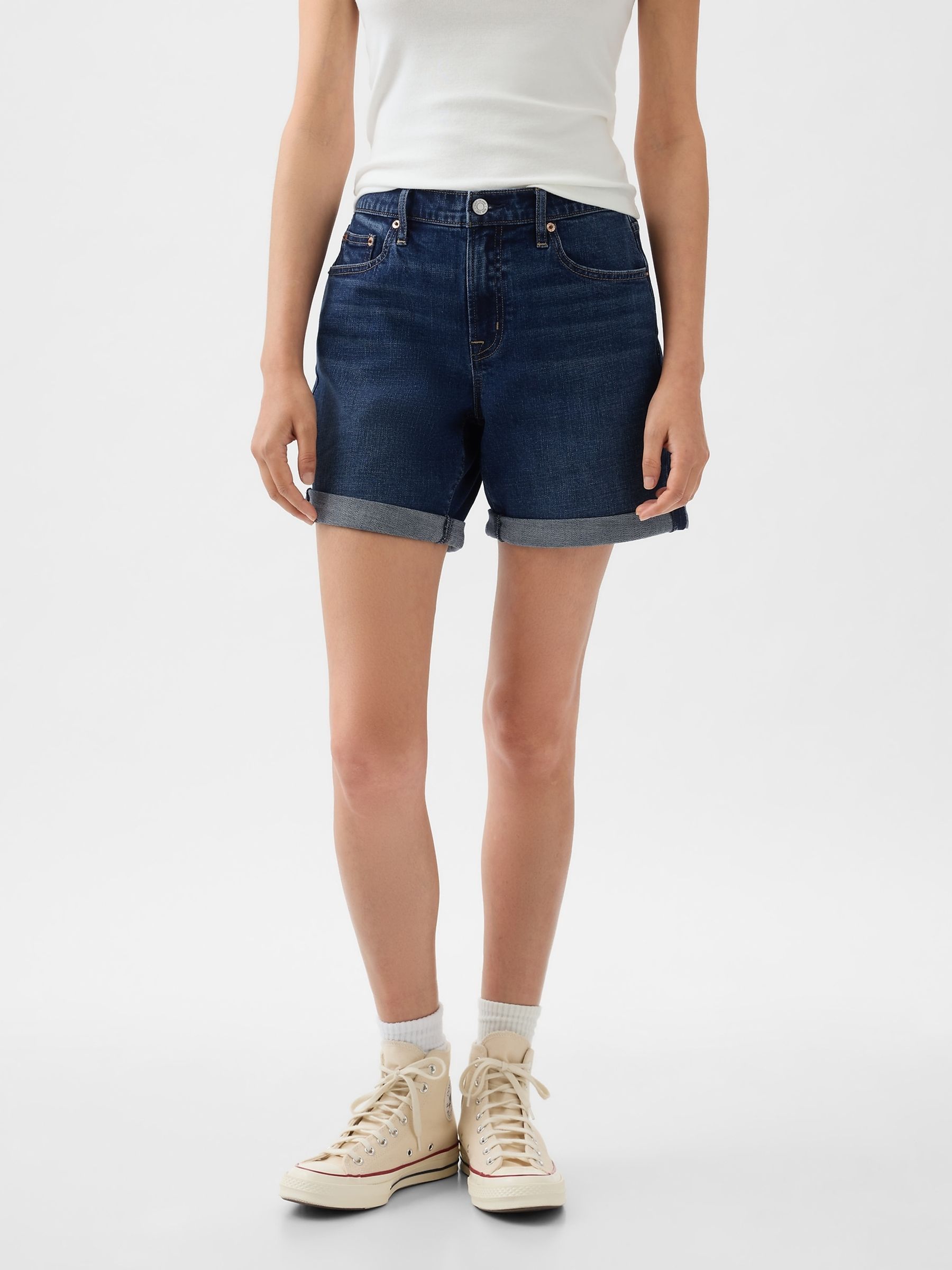 Dark Blue Light Destructed Denim Mid Rise Girlfriend Shorts - Image 4 of 5