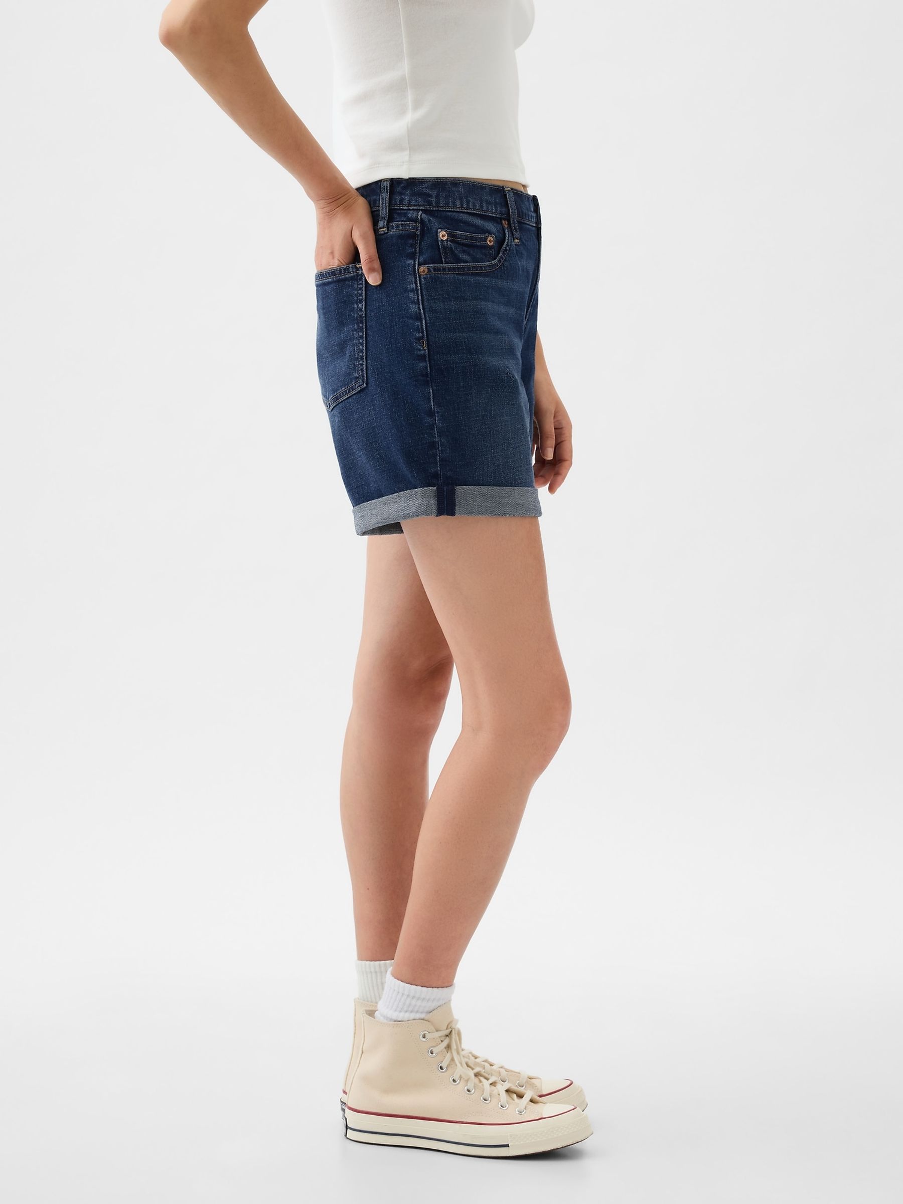 Dark Blue Light Destructed Denim Mid Rise Girlfriend Shorts - Image 5 of 5