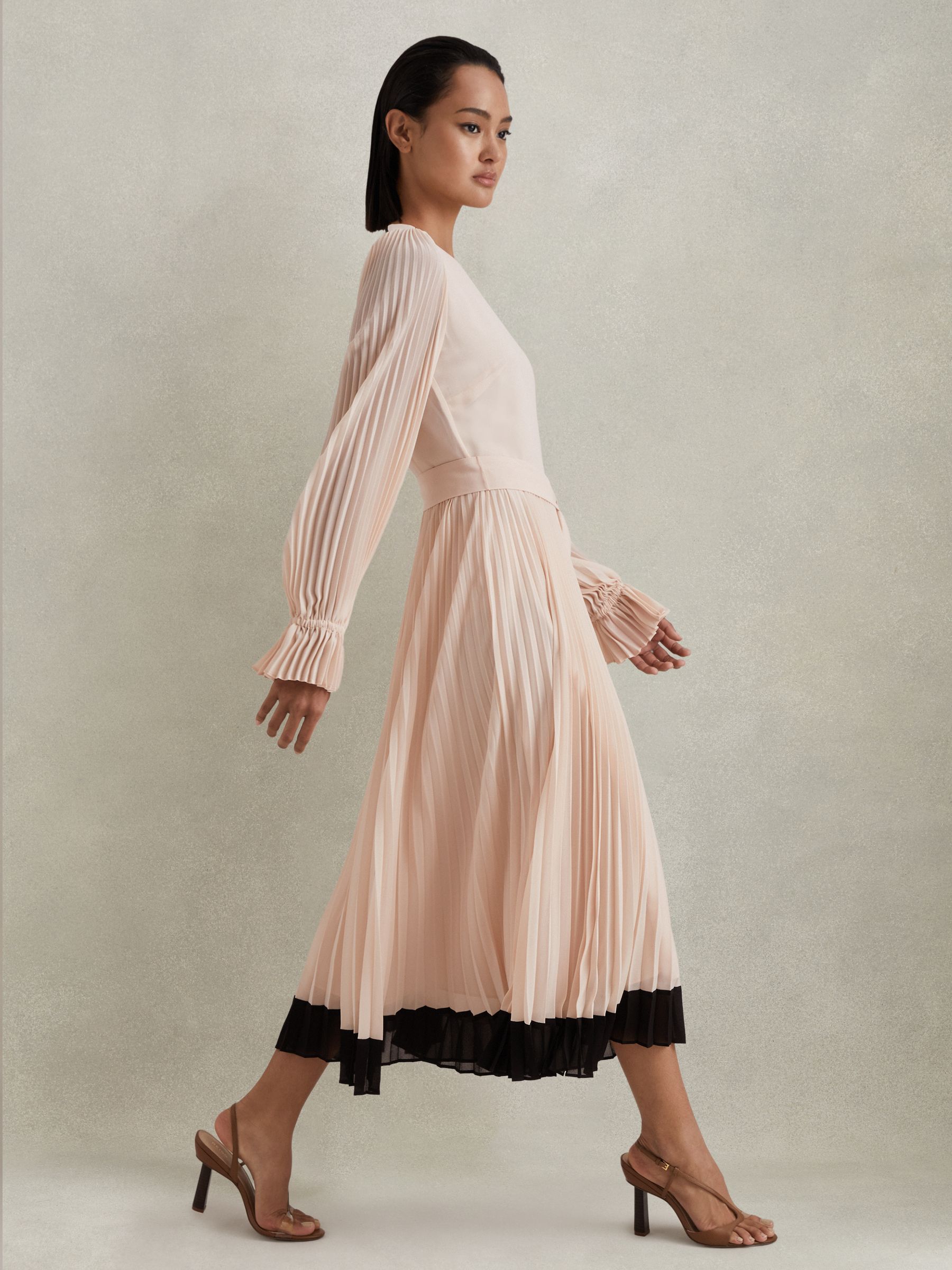 Reiss Pleated Belted Midi Dress in Nude/Black | REISS