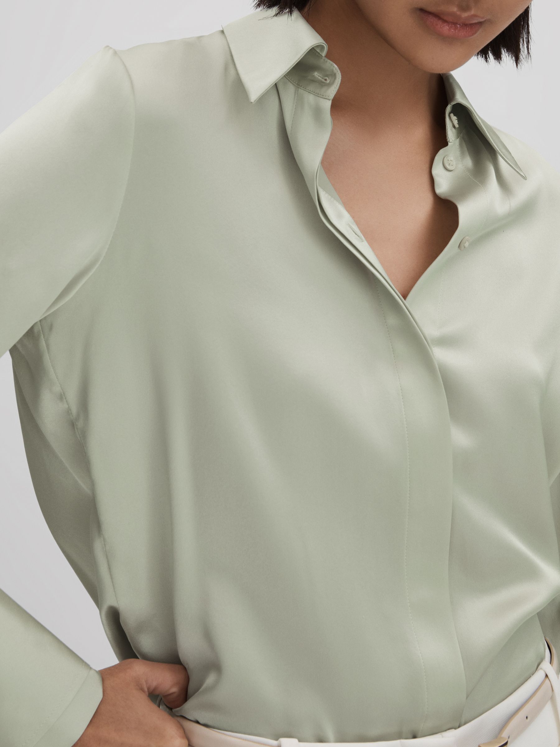 Silk Button-Through Shirt in Green - Image 4 of 6