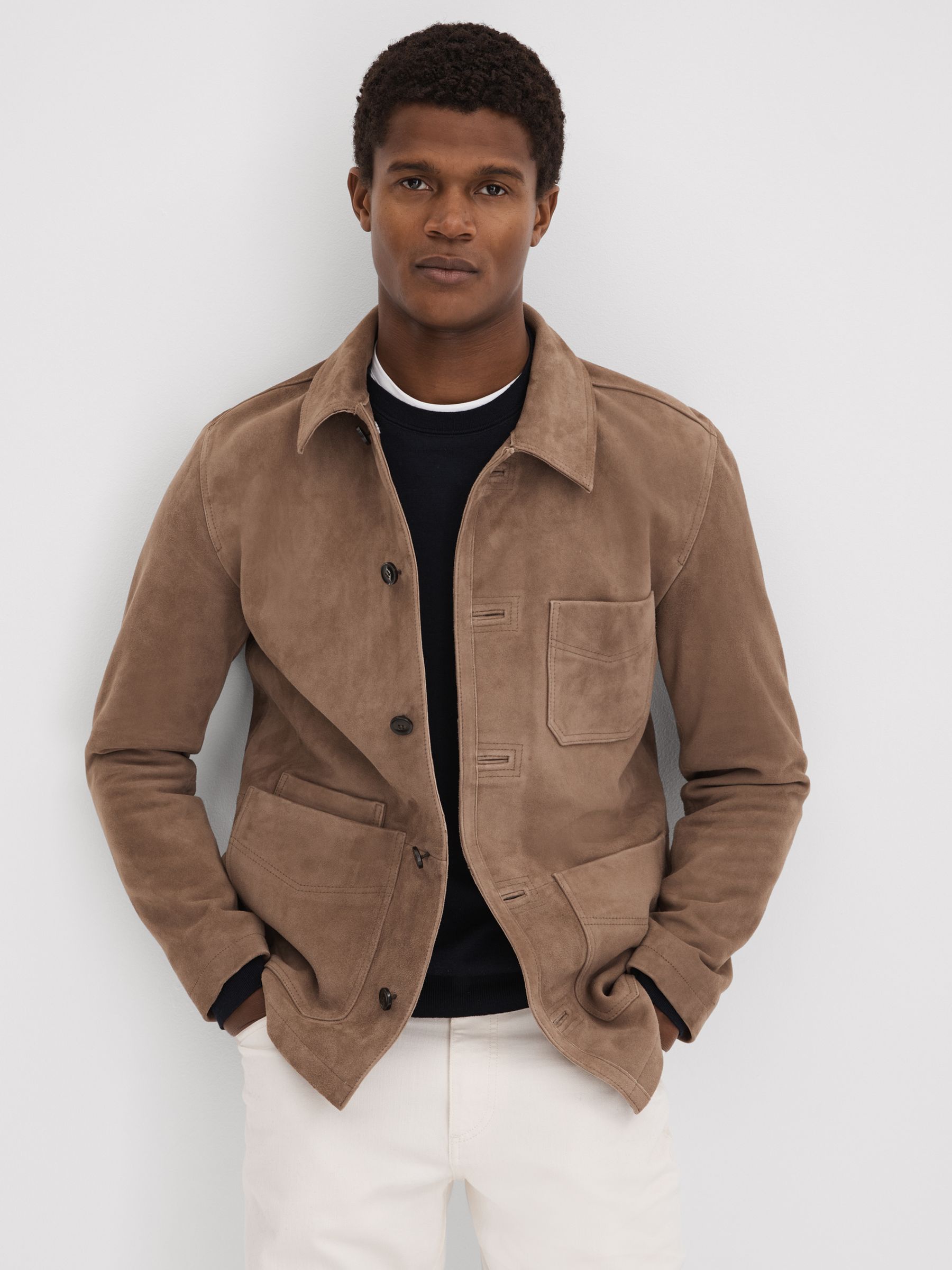 Suede Button-Through Jacket in Mocha - Image 1 of 6