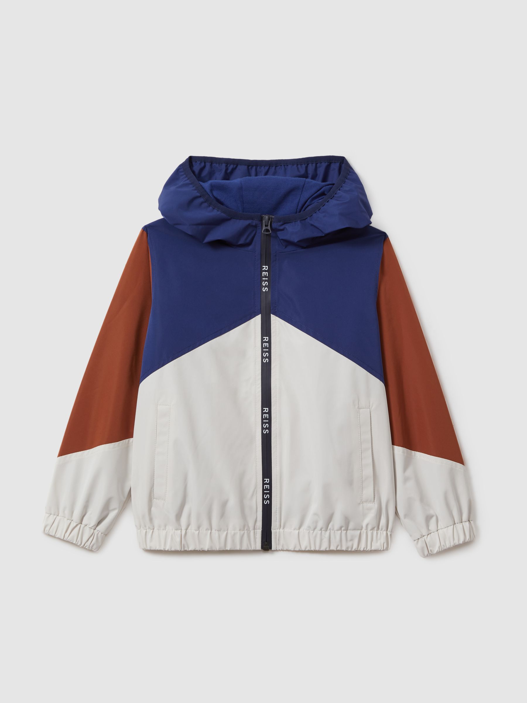 9-13 yrs Colourblock Hooded Coat in Stone/Blue/Tobacco - Image 1 of 3