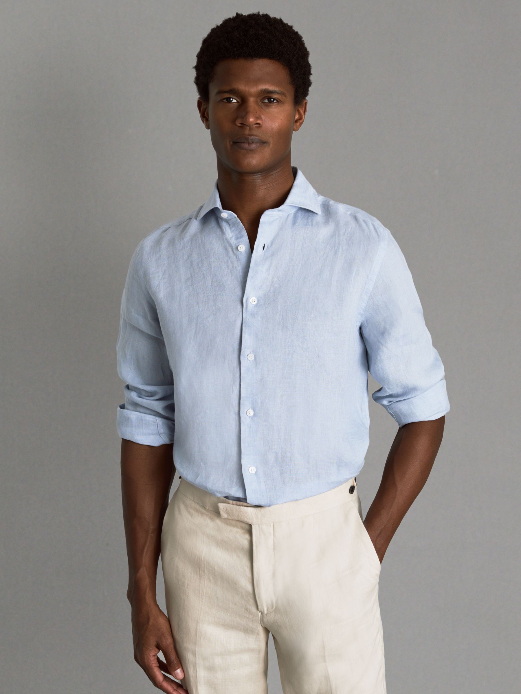 Linen Button-Through Shirt in Light Blue - Image 1 of 6 Linen Button-Through Shirt in Light Blue - Image 1 of 6