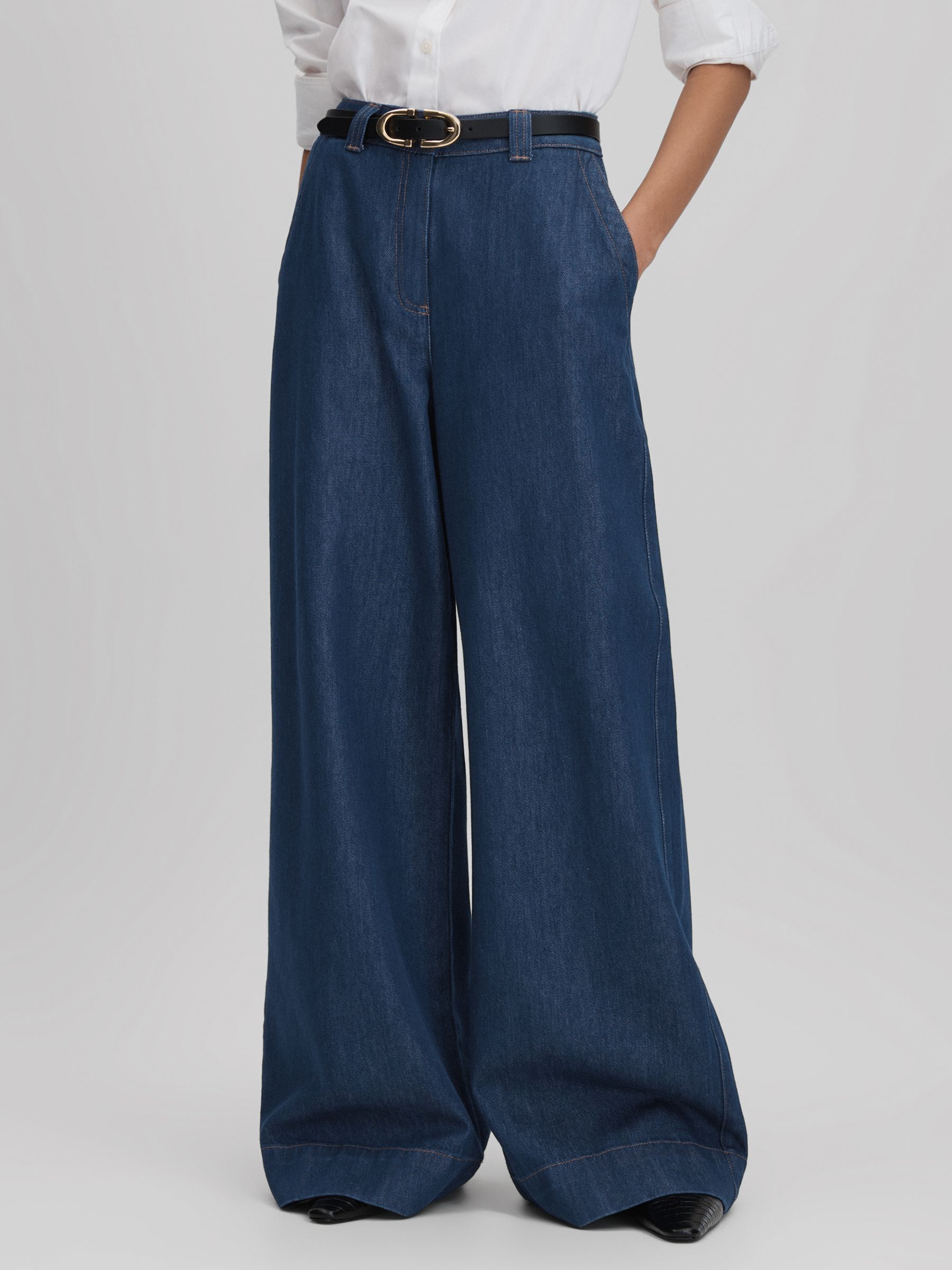 Petite Wide Leg Contrast Stitch Jeans in Dark Blue - Image 1 of 6