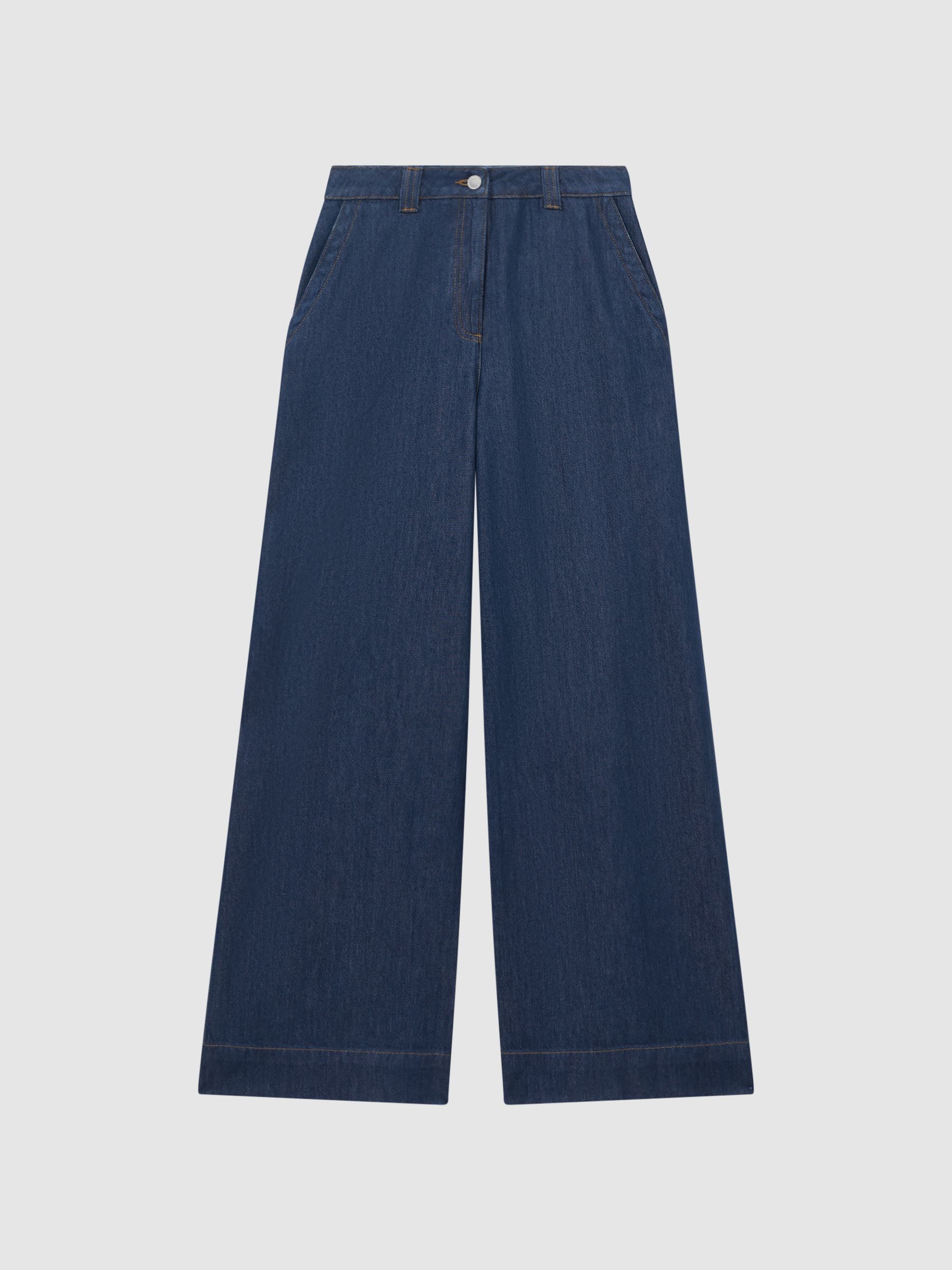 Petite Wide Leg Contrast Stitch Jeans in Dark Blue - Image 2 of 6
