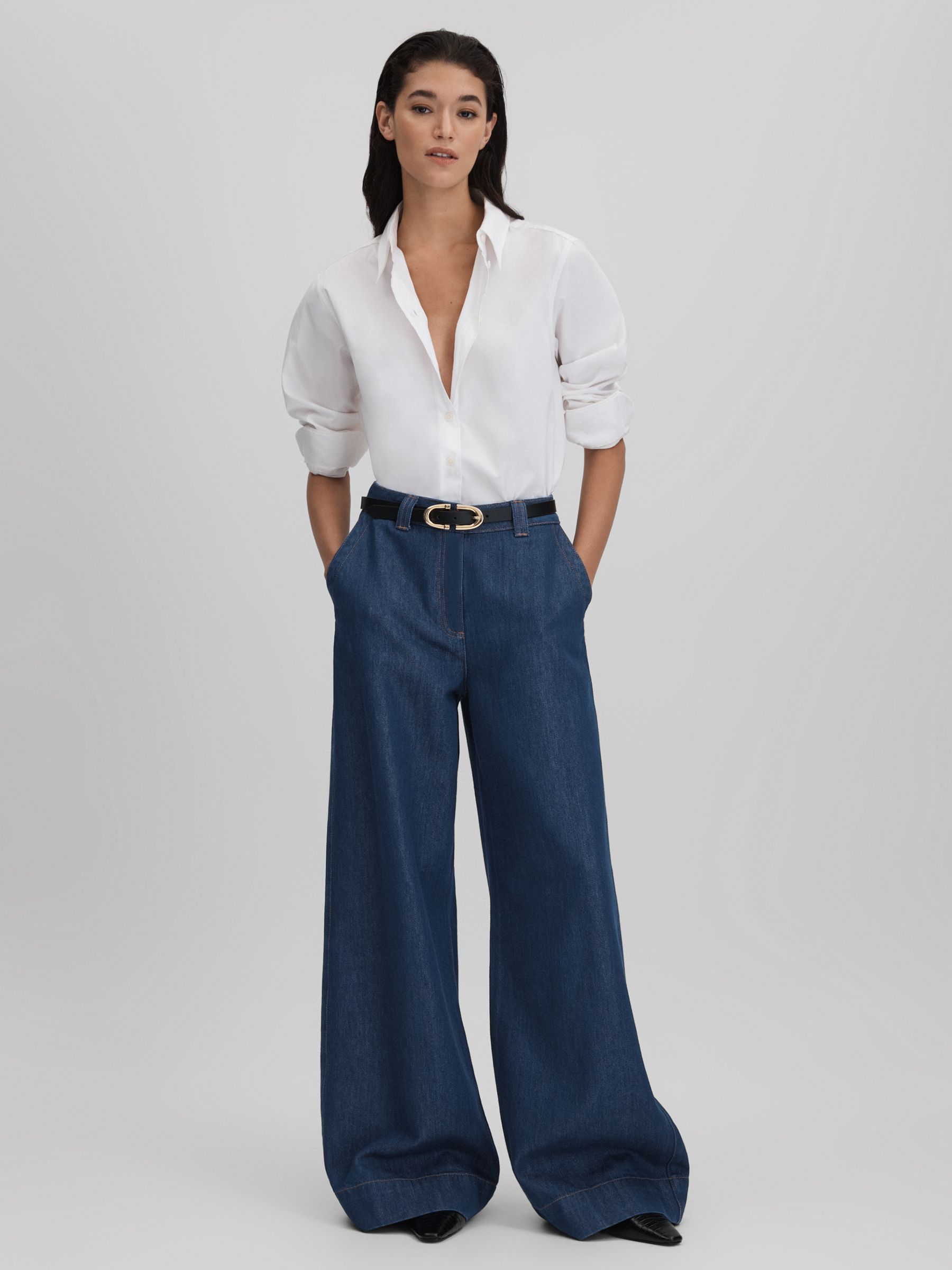 Petite Wide Leg Contrast Stitch Jeans in Dark Blue - Image 3 of 6
