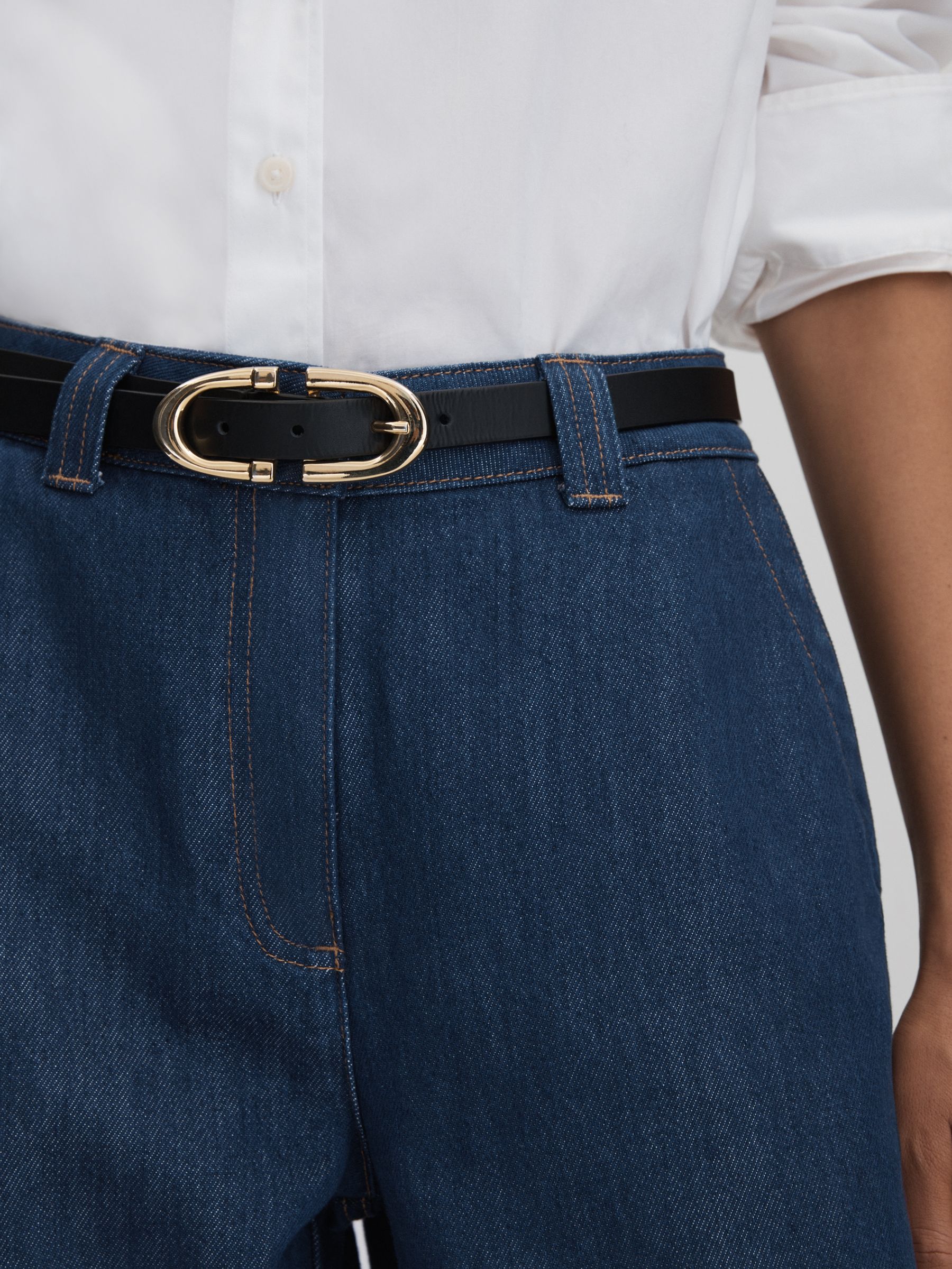 Petite Wide Leg Contrast Stitch Jeans in Dark Blue - Image 4 of 6