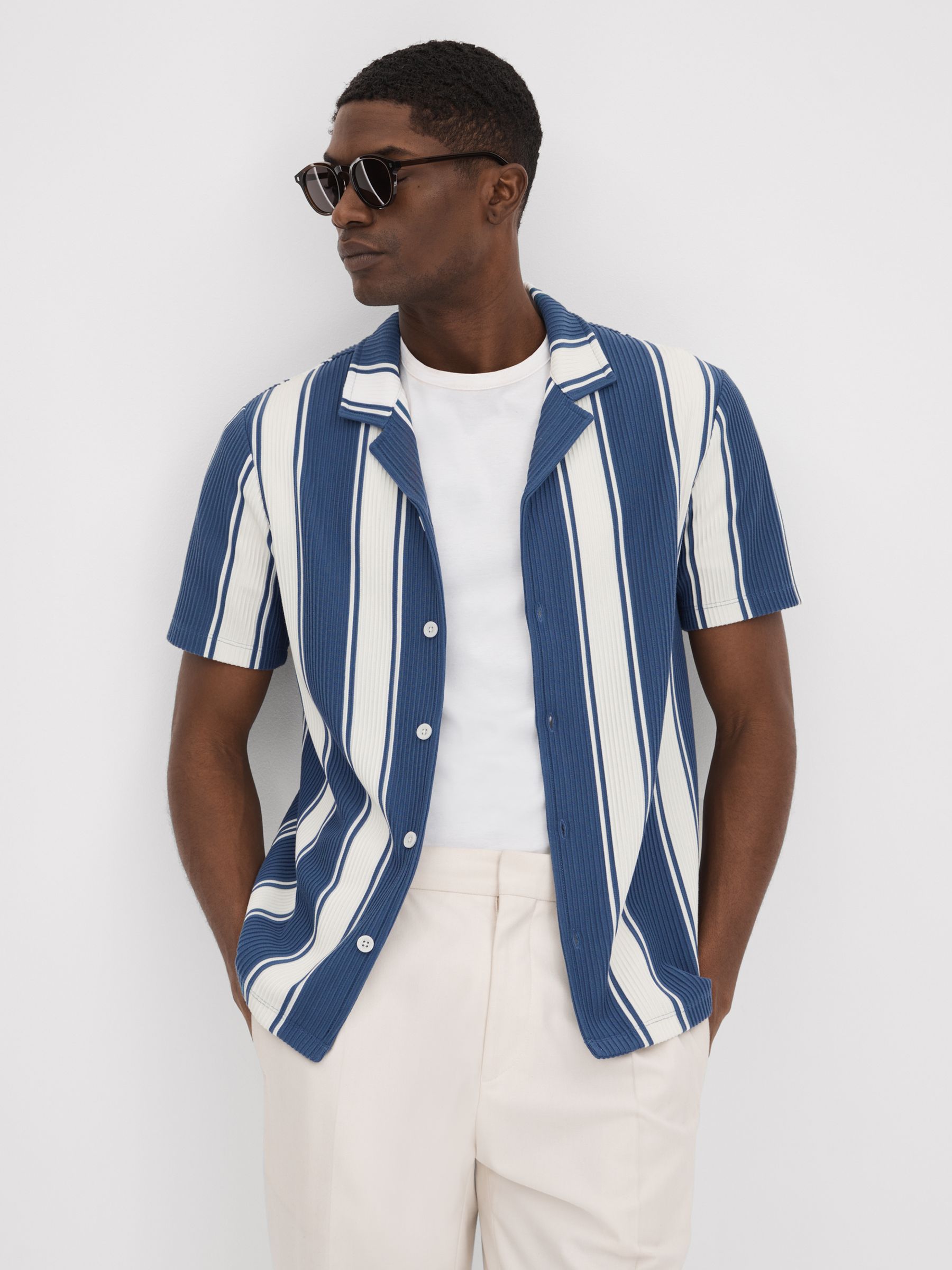 Slim Fit Ribbed Cuban Collar Shirt in Airforce Blue/White - Image 1 of 5 Slim Fit Ribbed Cuban Collar Shirt in Airforce Blue/White - Image 1 of 5