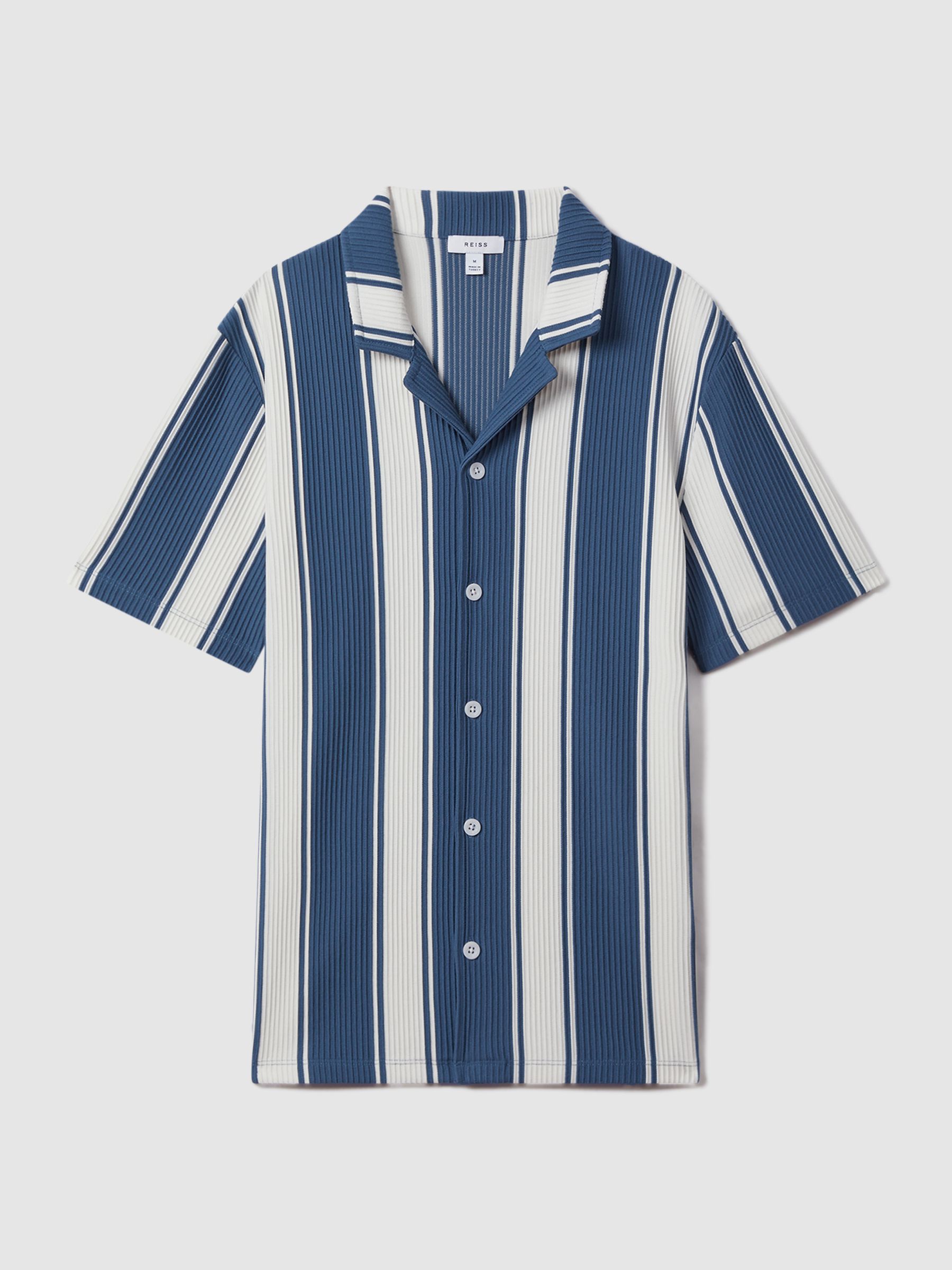 Slim Fit Ribbed Cuban Collar Shirt in Airforce Blue/White - Image 2 of 5 Slim Fit Ribbed Cuban Collar Shirt in Airforce Blue/White - Image 2 of 5