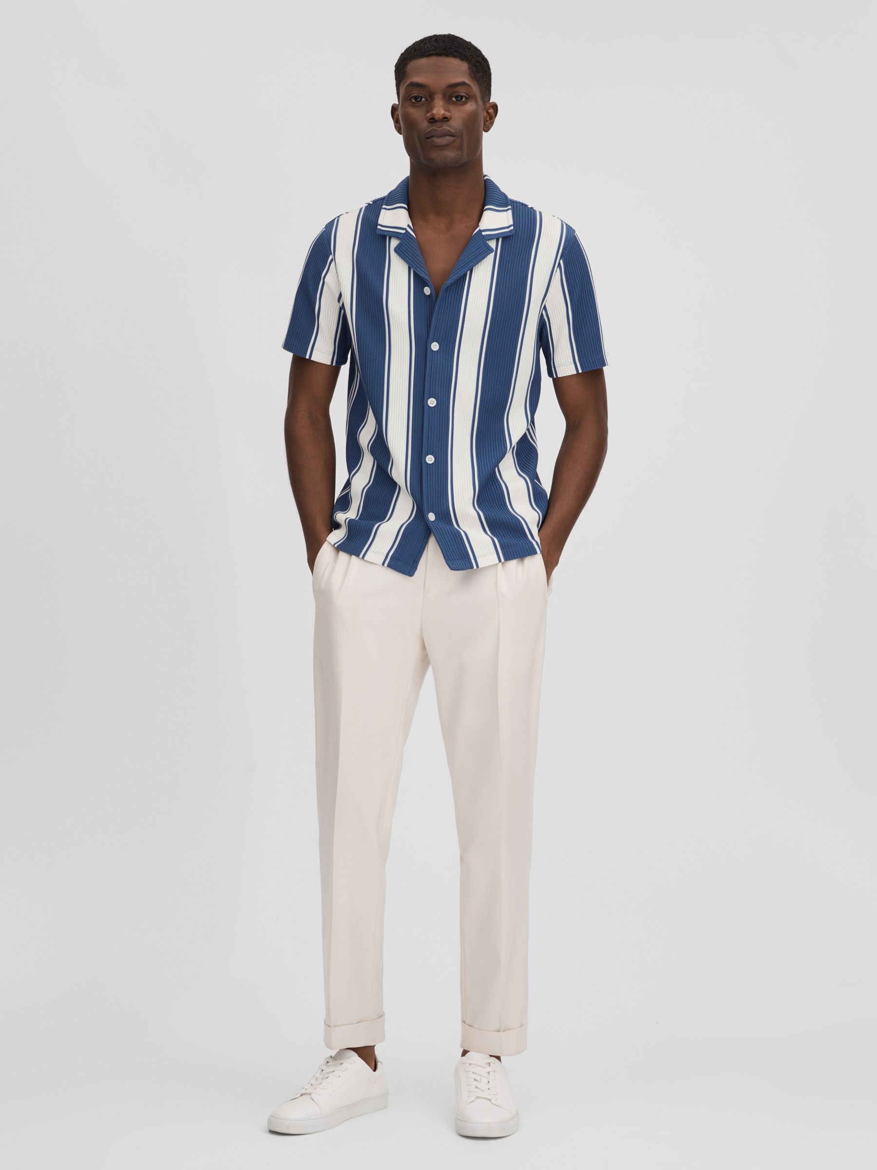 Slim Fit Ribbed Cuban Collar Shirt in Airforce Blue/White - Image 3 of 5