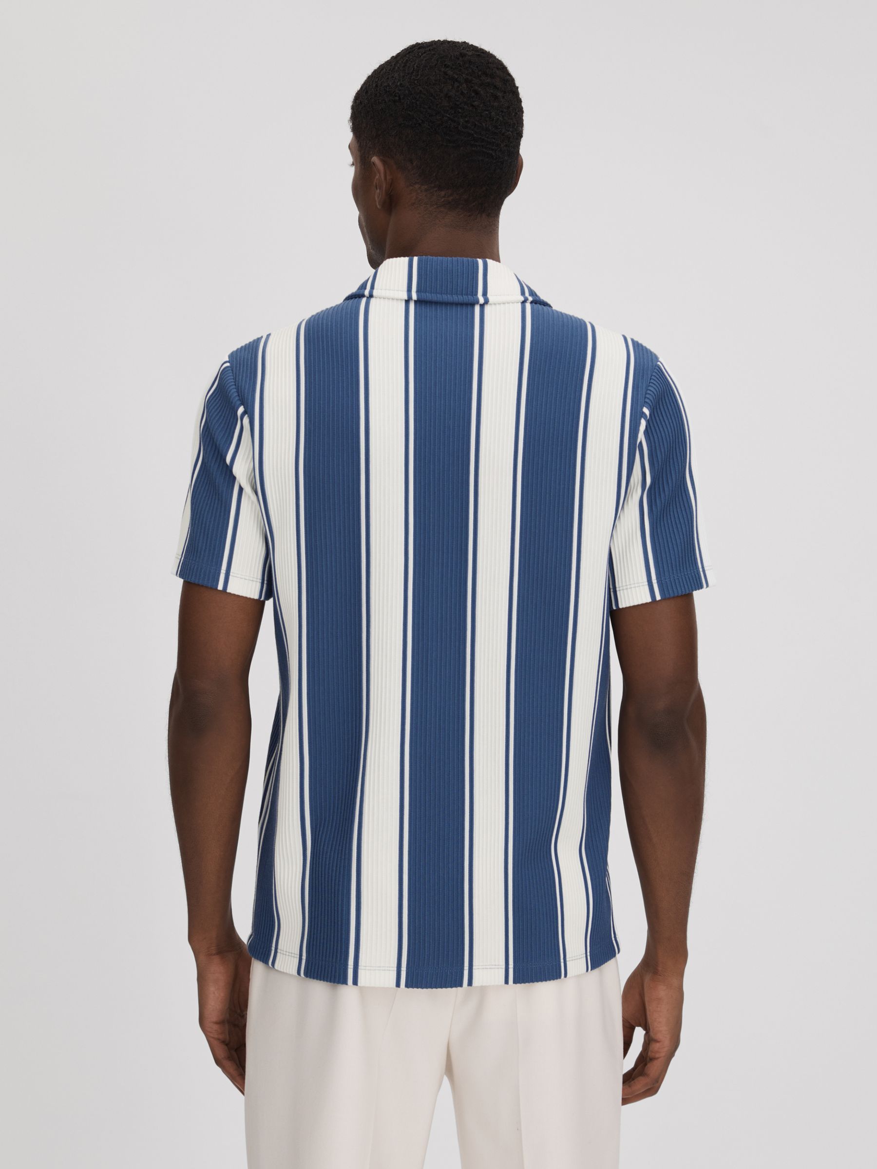 Slim Fit Ribbed Cuban Collar Shirt in Airforce Blue/White - Image 5 of 5