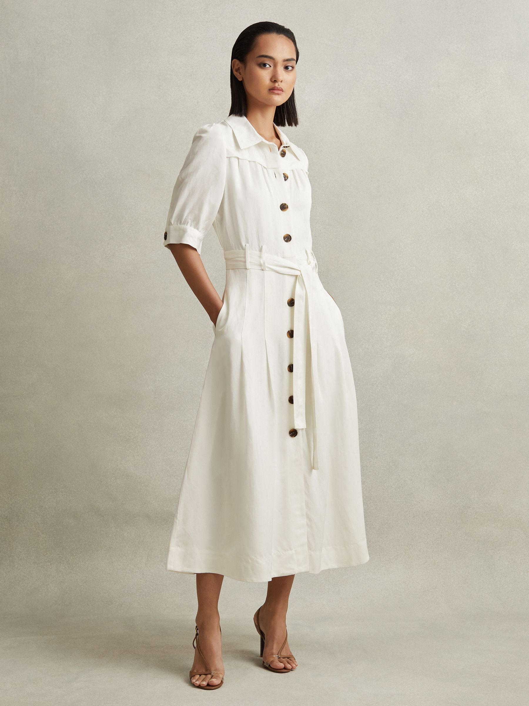 Belted Cap Sleeve Midi Dress in White - Image 1 of 6