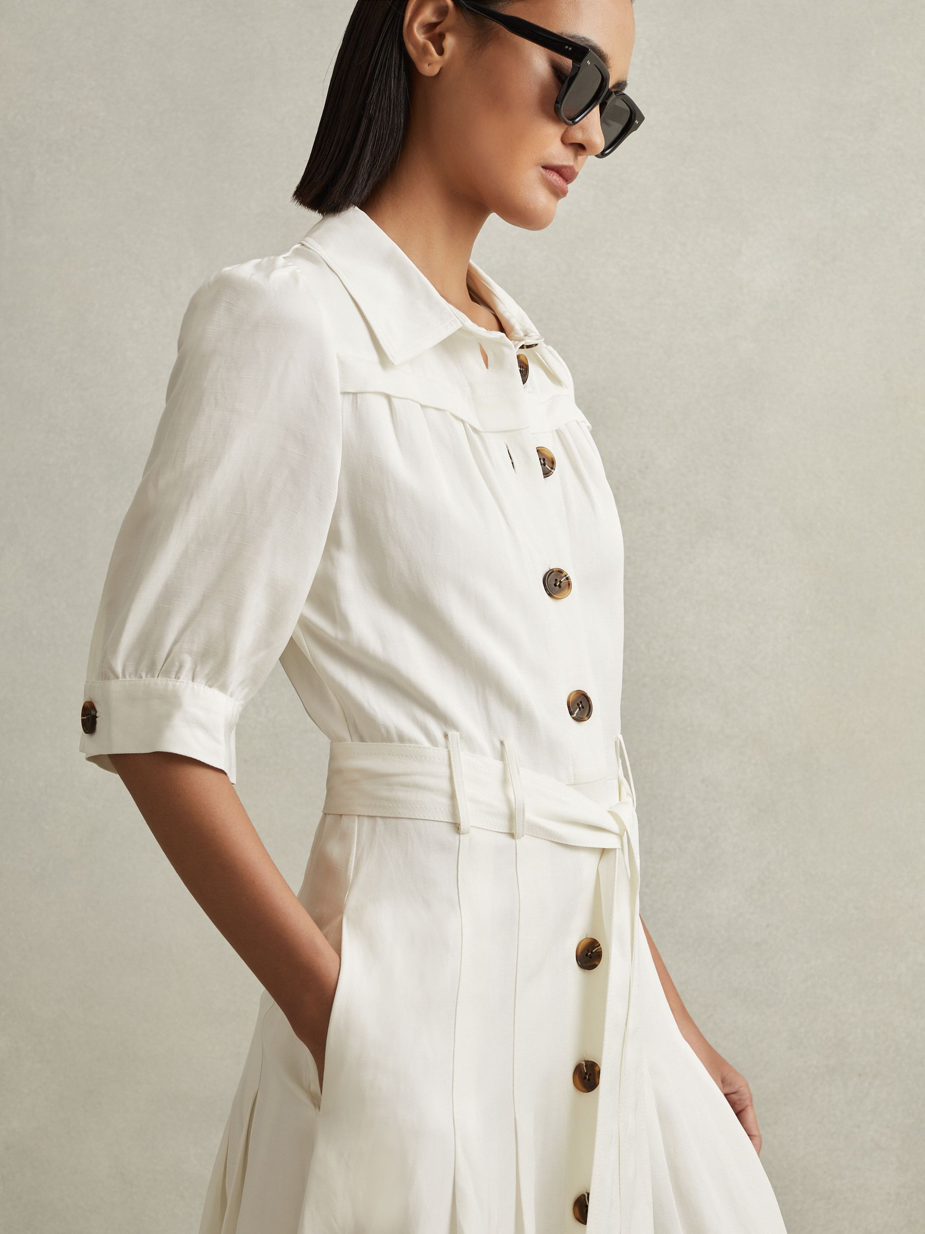 Belted Cap Sleeve Midi Dress in White - Image 3 of 6